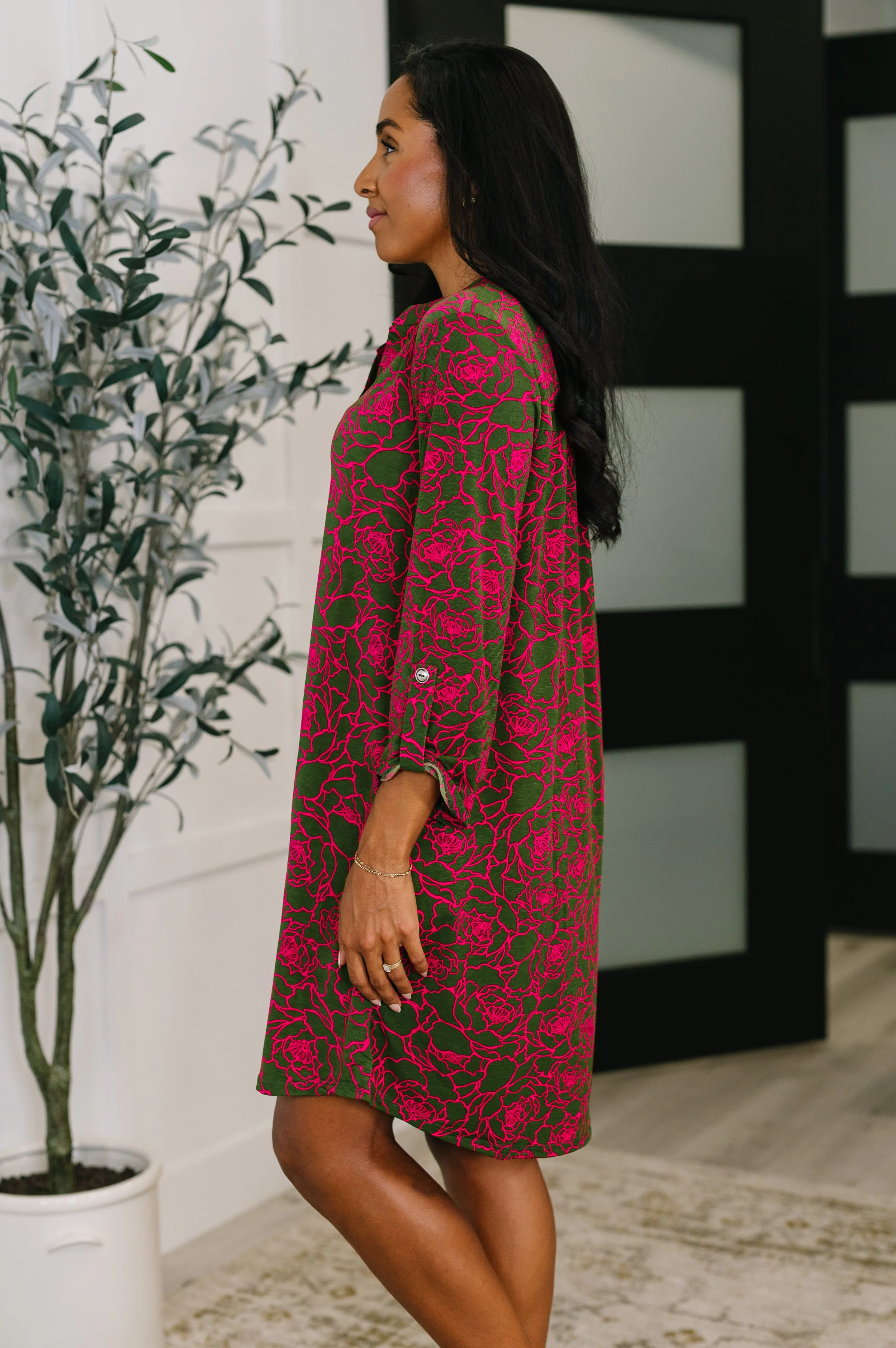 Lizzy Long Sleeve Dress in Pink and Olive Abstract Floral - Image 4