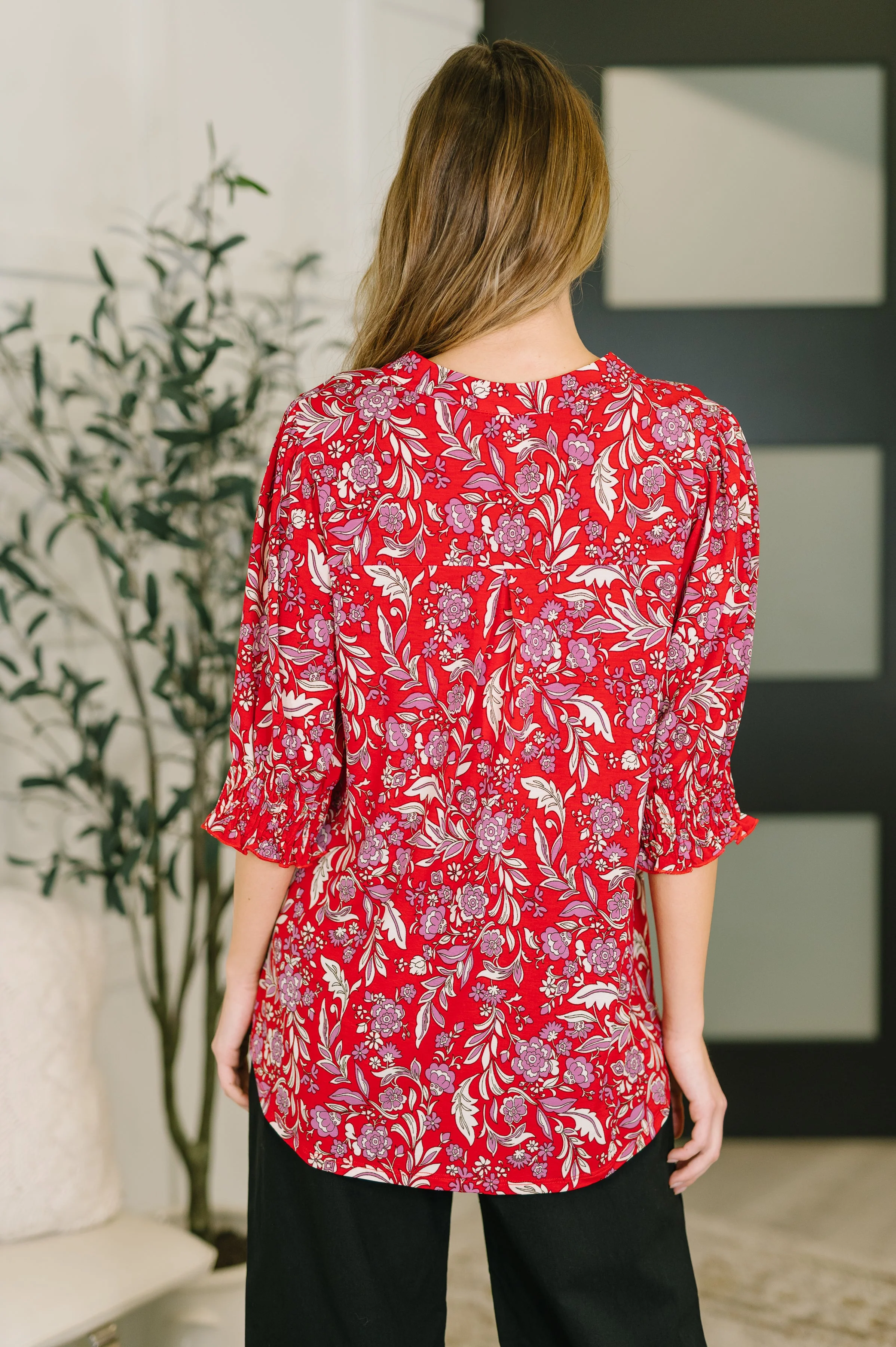 Lizzy Smock Top in Red and Pink Floral - Image 5
