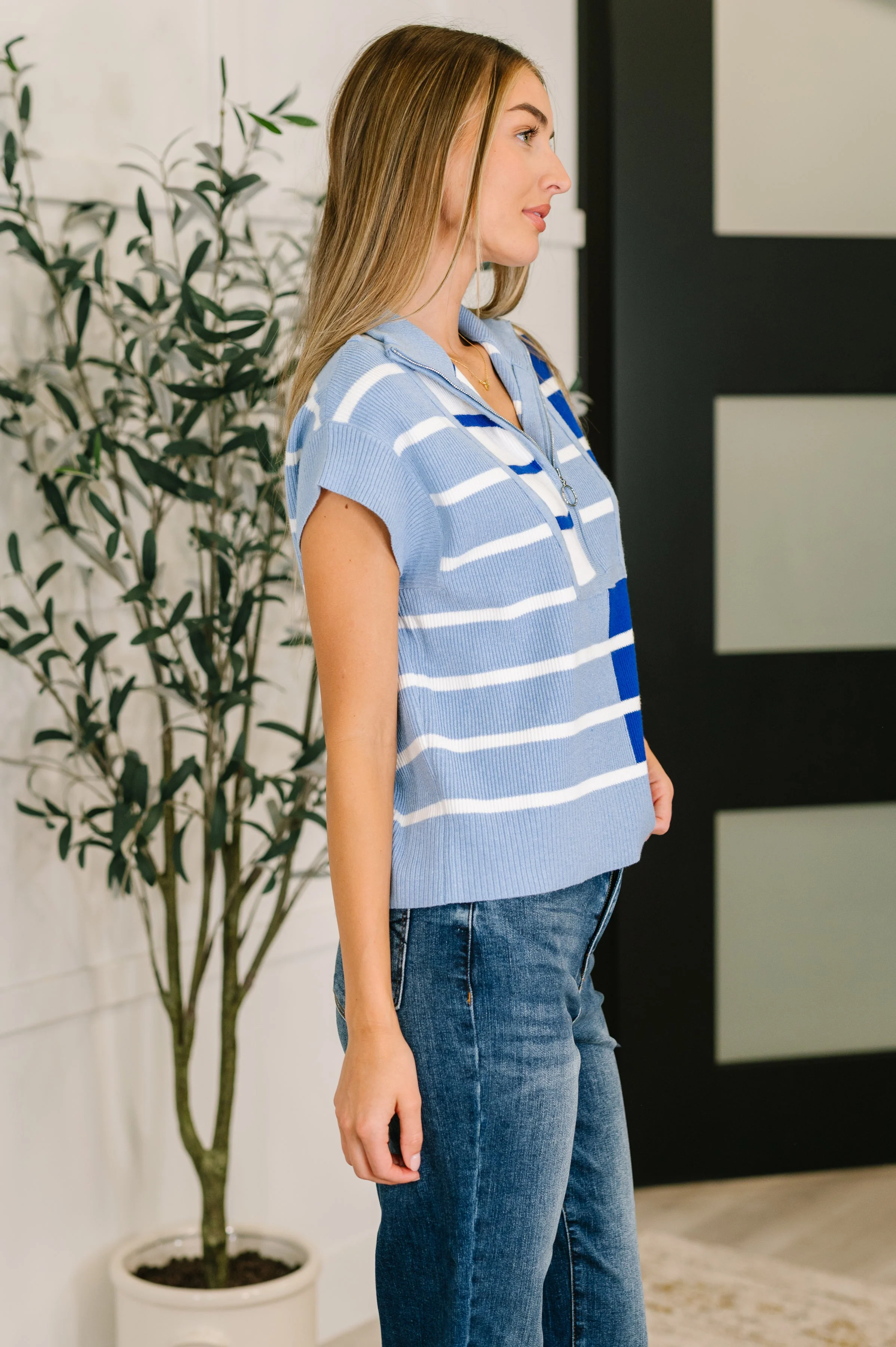 Lonely Traveler Striped Quarter Zip Vest in Blue - Image 3
