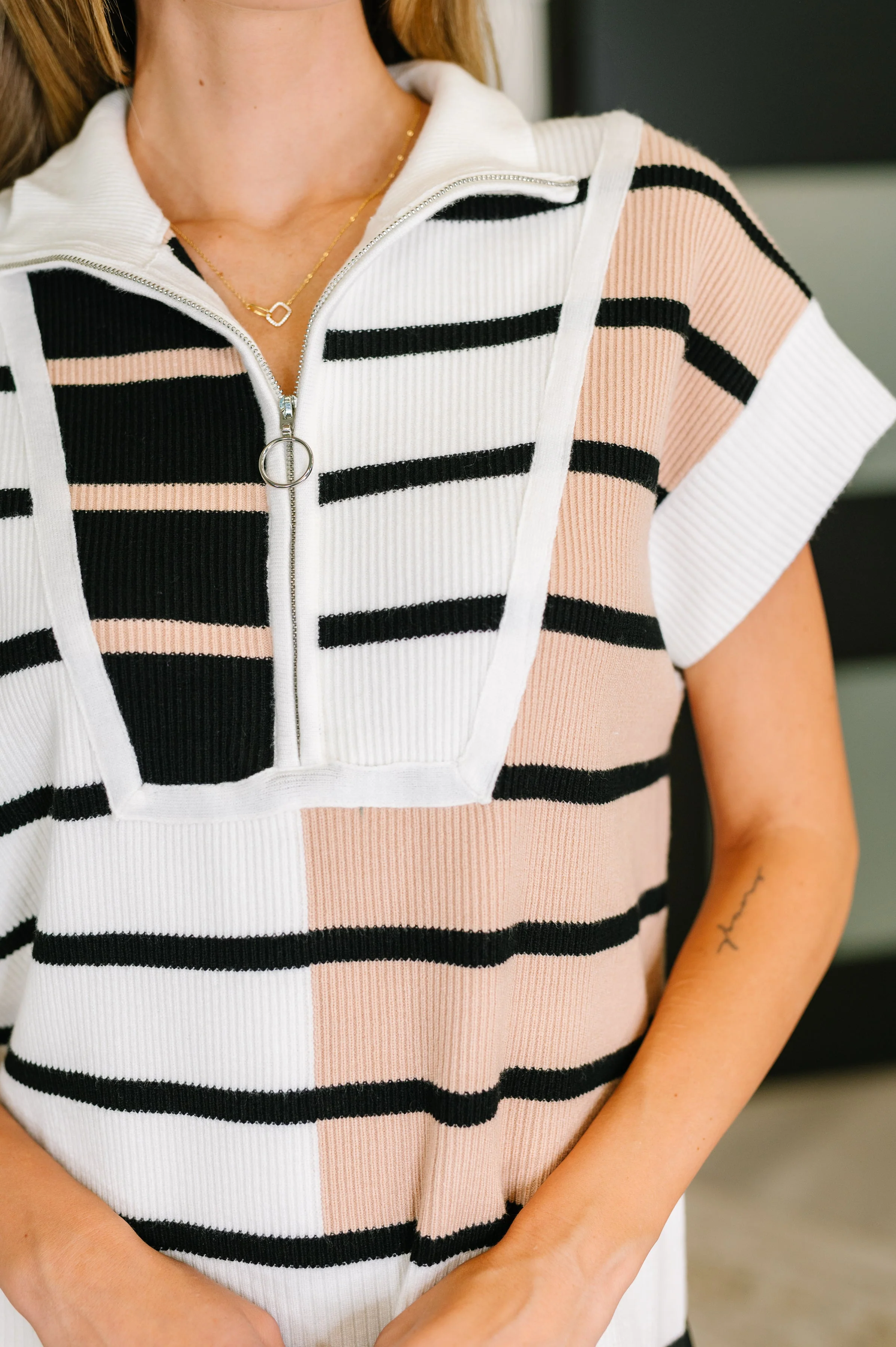 Lonely Traveler Striped Quarter Zip Vest in White - Image 2