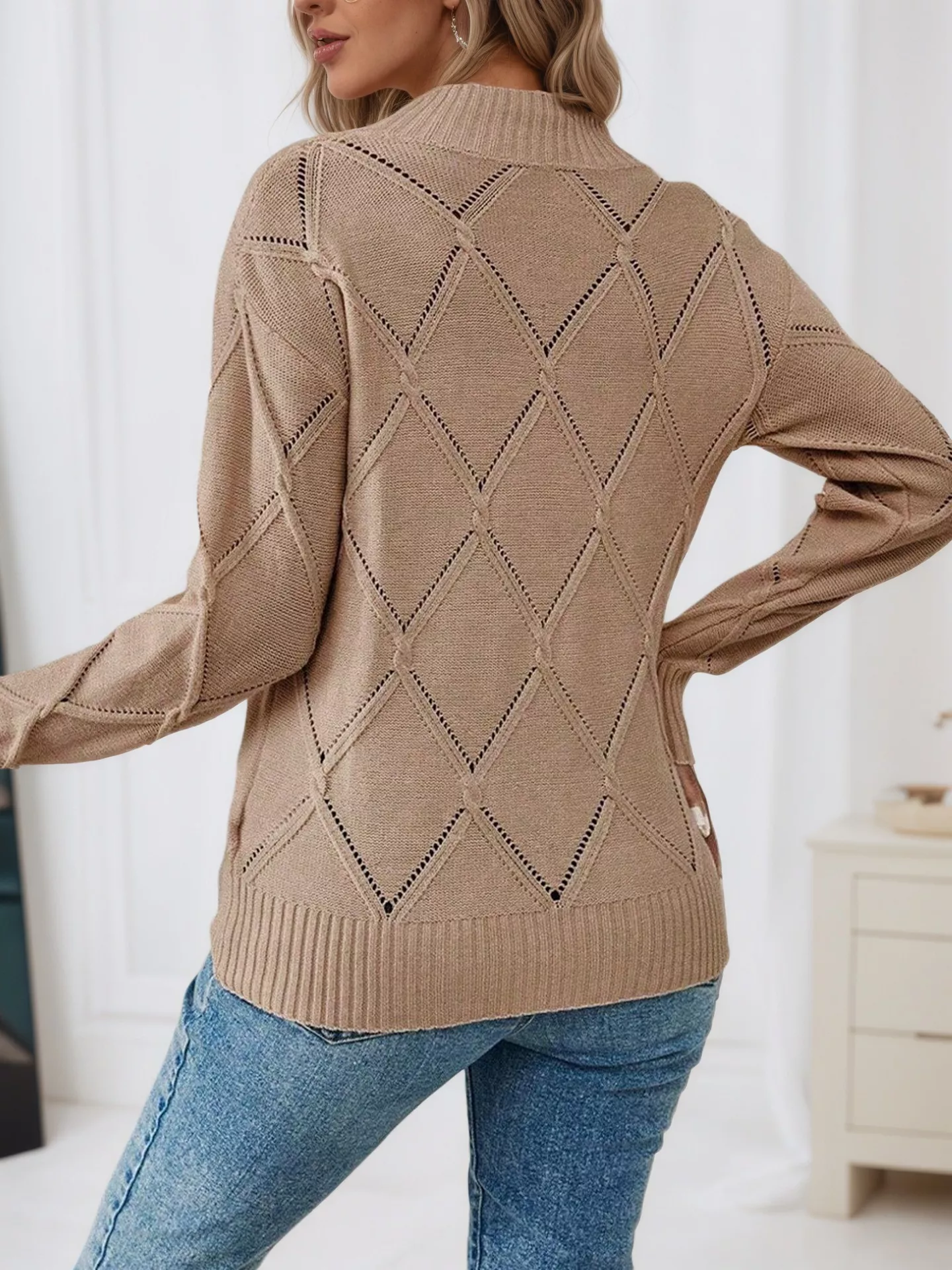 Long Sleeve Diamond Eyelet Knit Top - Image 2