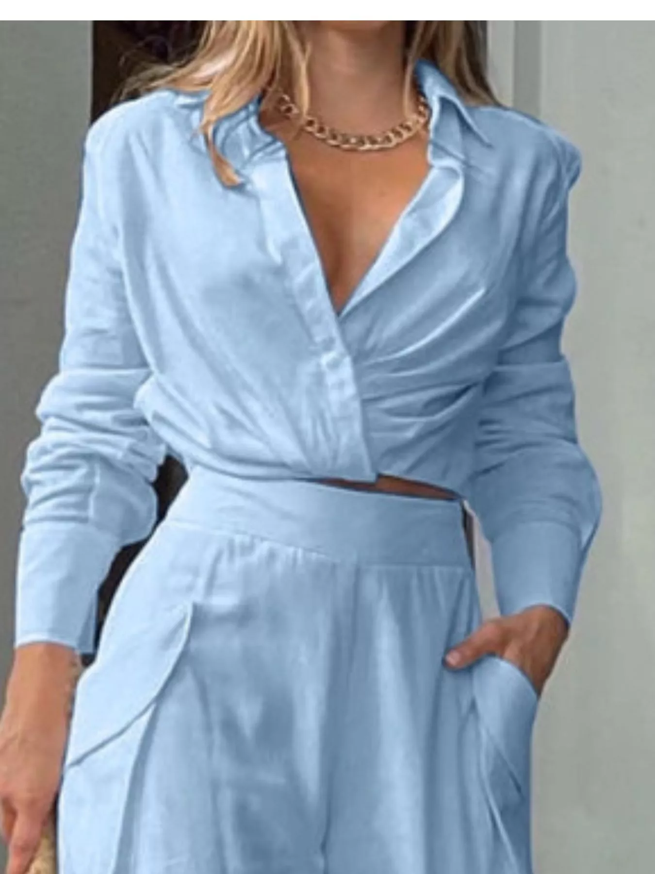 Long Sleeve Shirt and Wide Leg Pants Set - Image 2