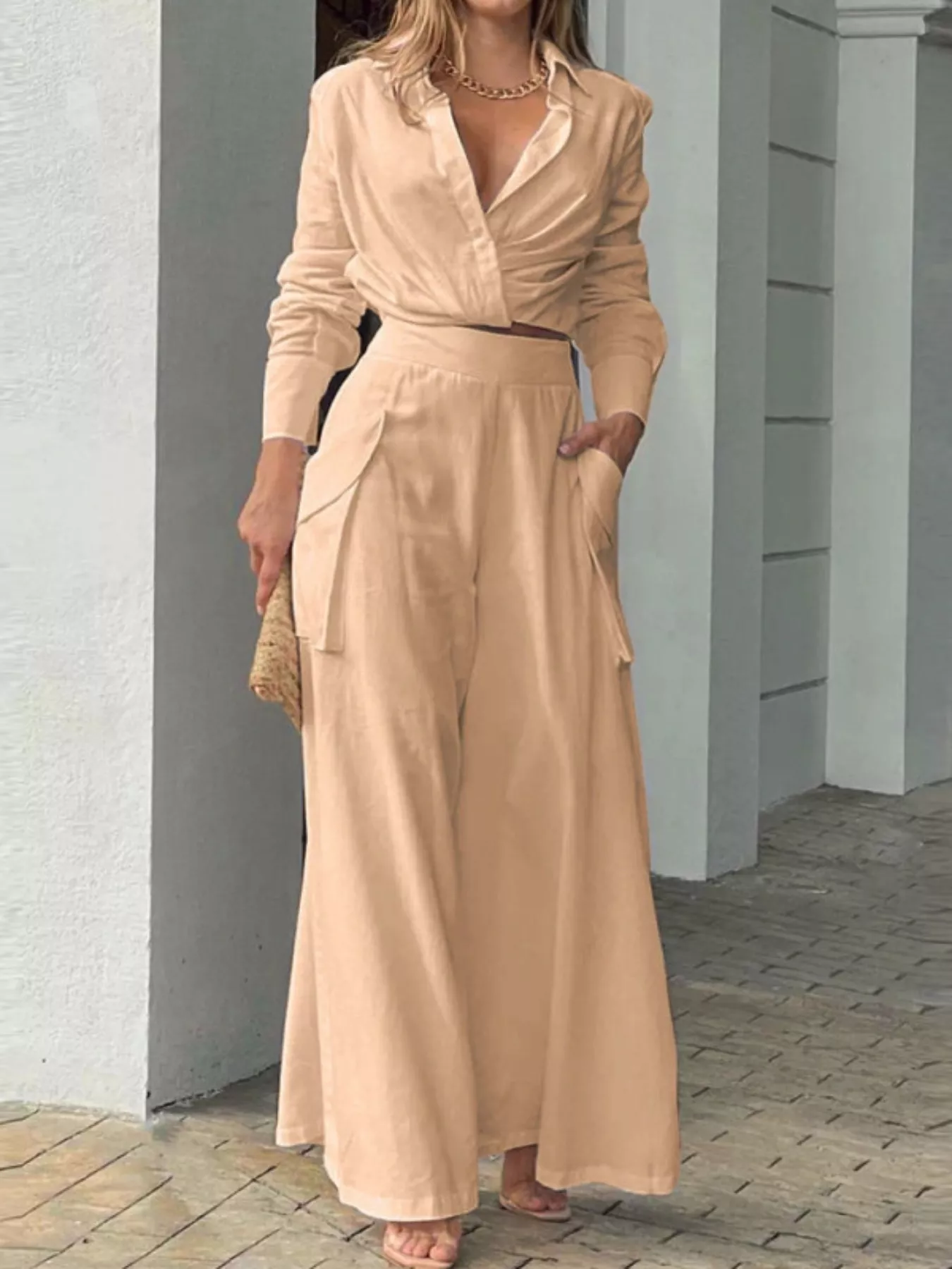 Long Sleeve Shirt and Wide Leg Pants Set - Image 4