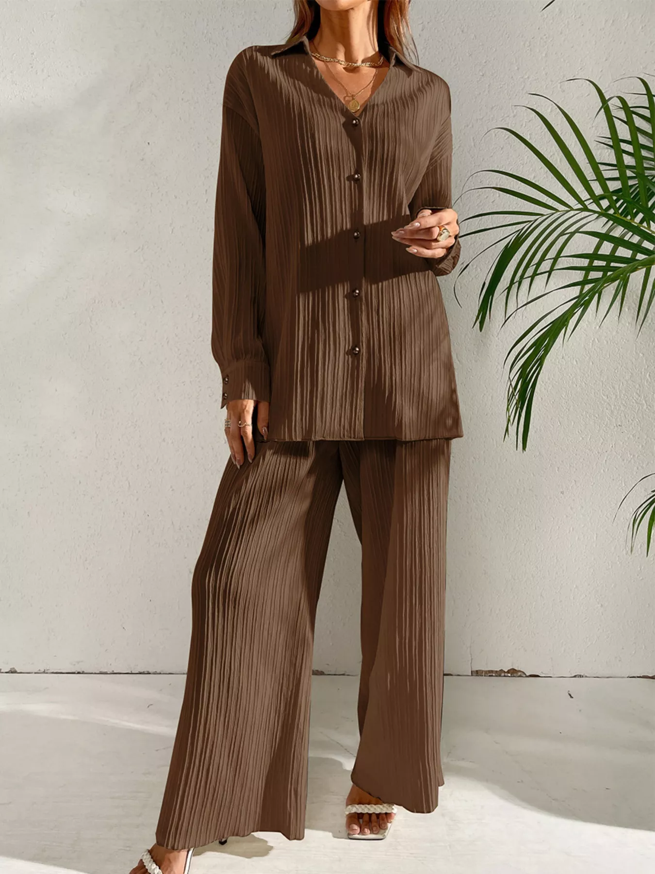 Long Sleeve Shirt & Wide Leg Pants Set