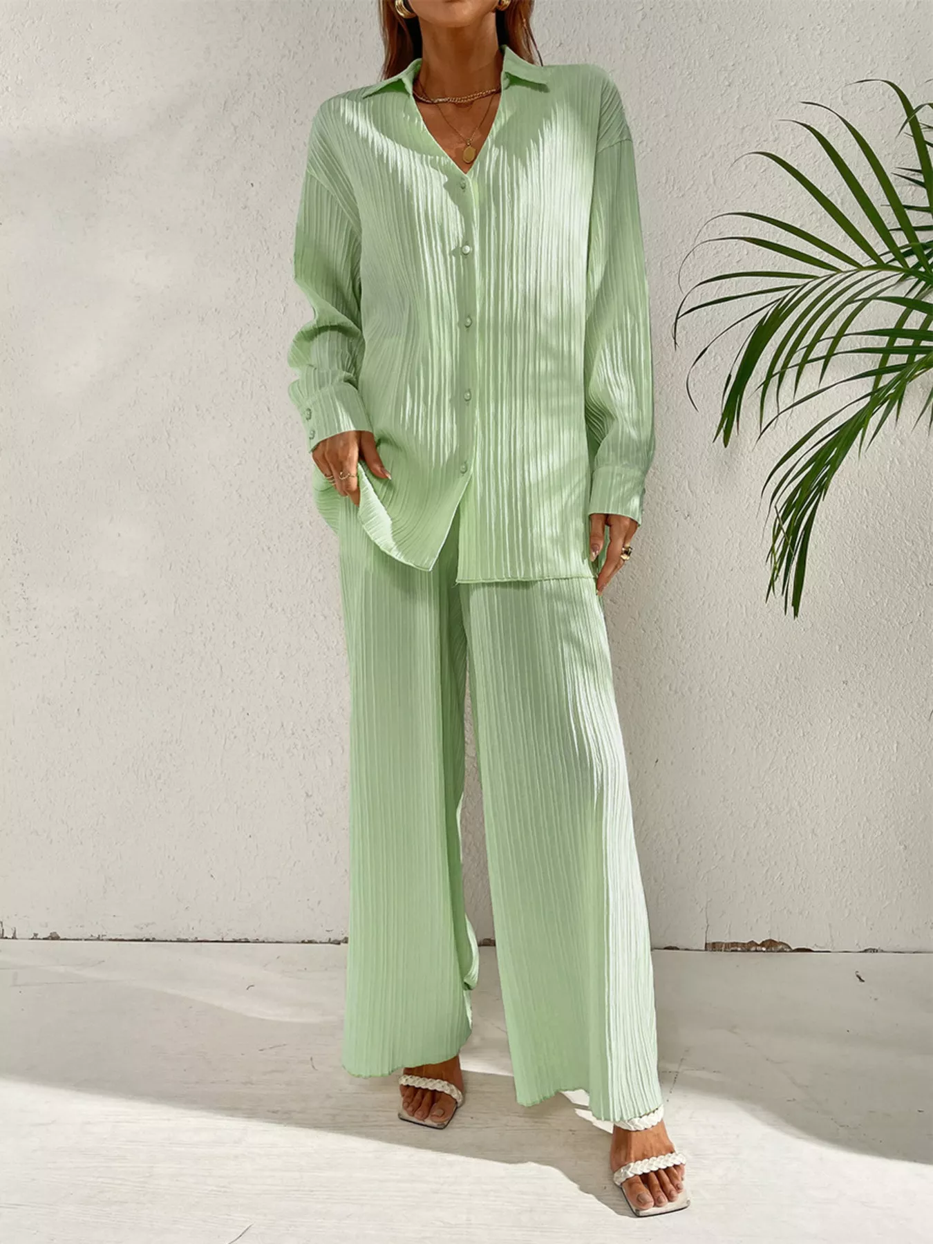 Long Sleeve Shirt & Wide Leg Pants Set - Image 10