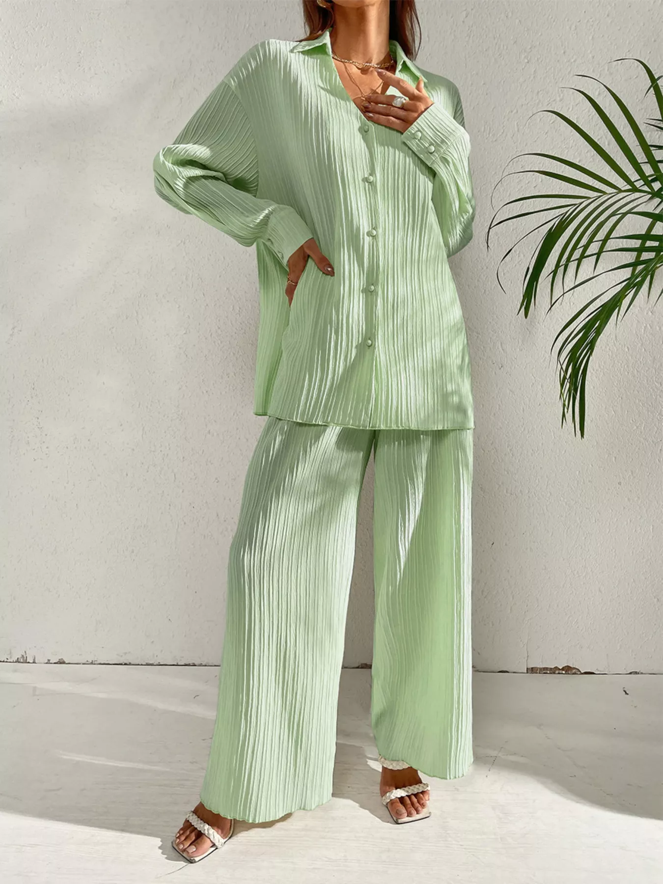 Long Sleeve Shirt & Wide Leg Pants Set - Image 12