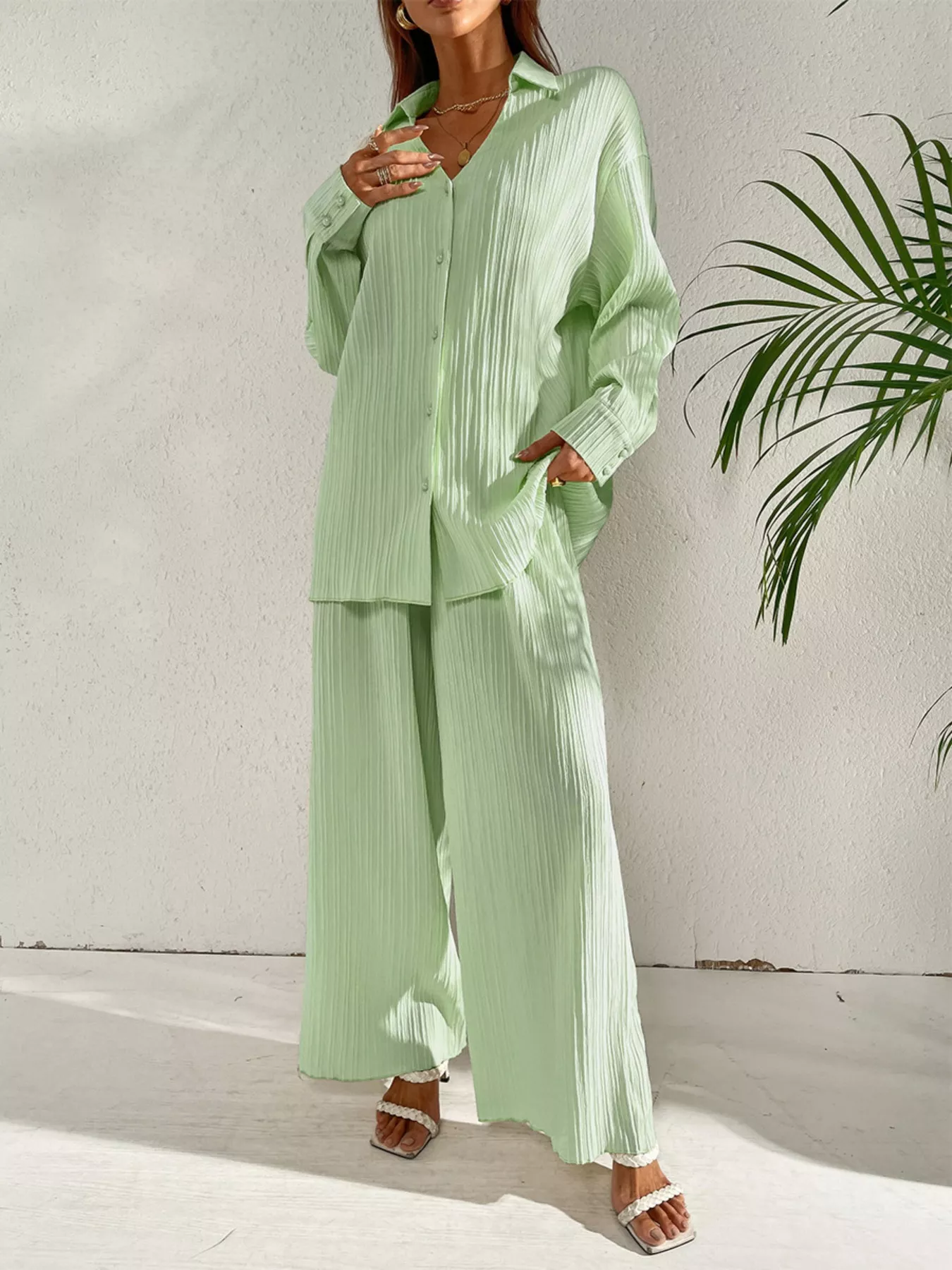 Long Sleeve Shirt & Wide Leg Pants Set - Image 13
