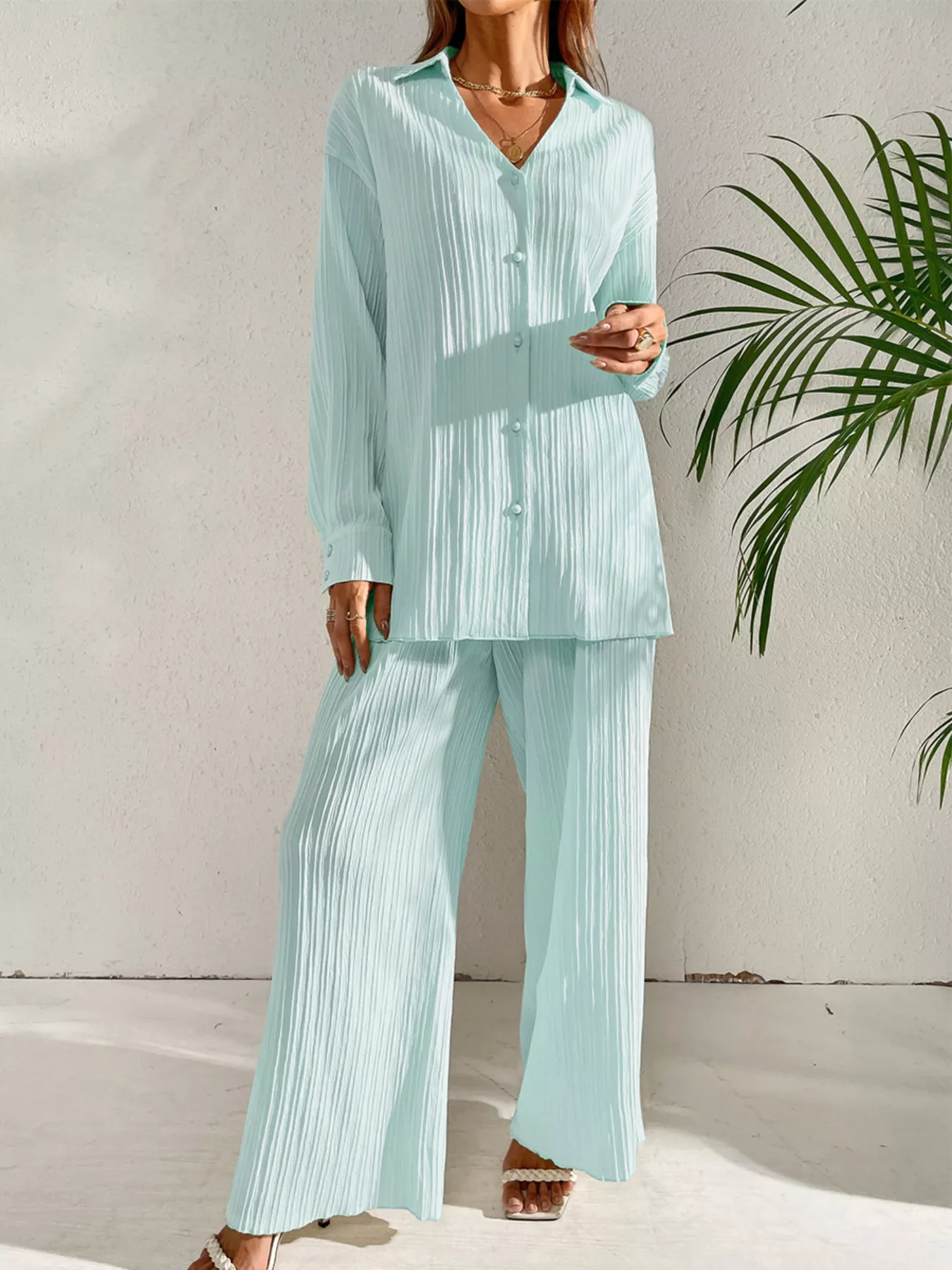Long Sleeve Shirt & Wide Leg Pants Set - Image 14