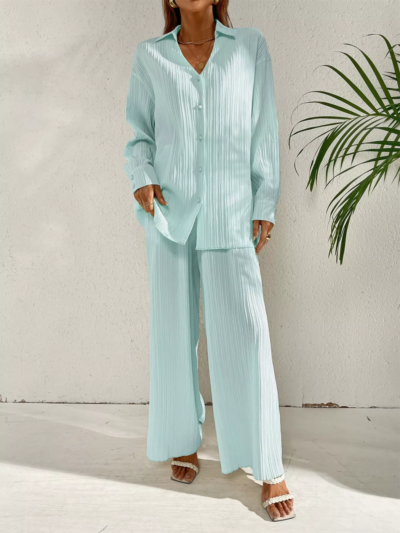 Long Sleeve Shirt & Wide Leg Pants Set - Image 16