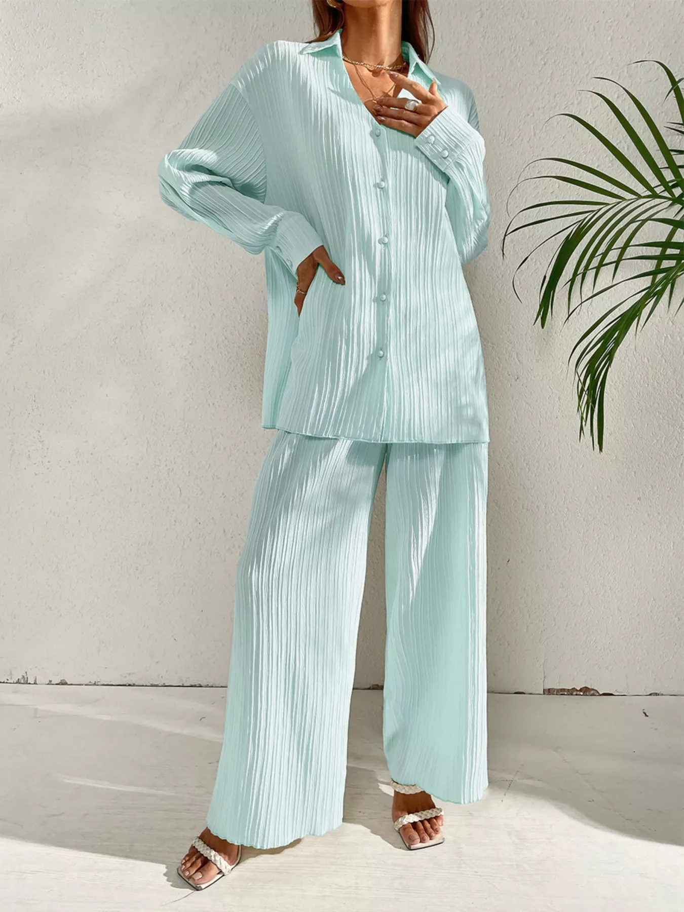 Long Sleeve Shirt & Wide Leg Pants Set - Image 19