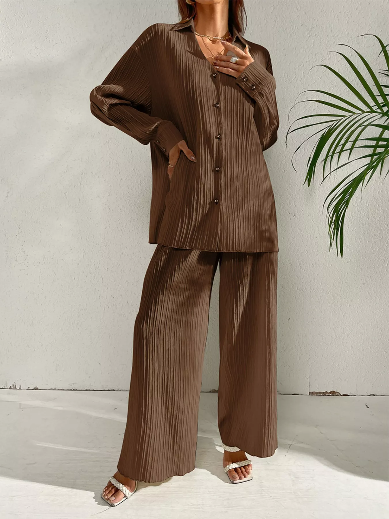 Long Sleeve Shirt & Wide Leg Pants Set - Image 2