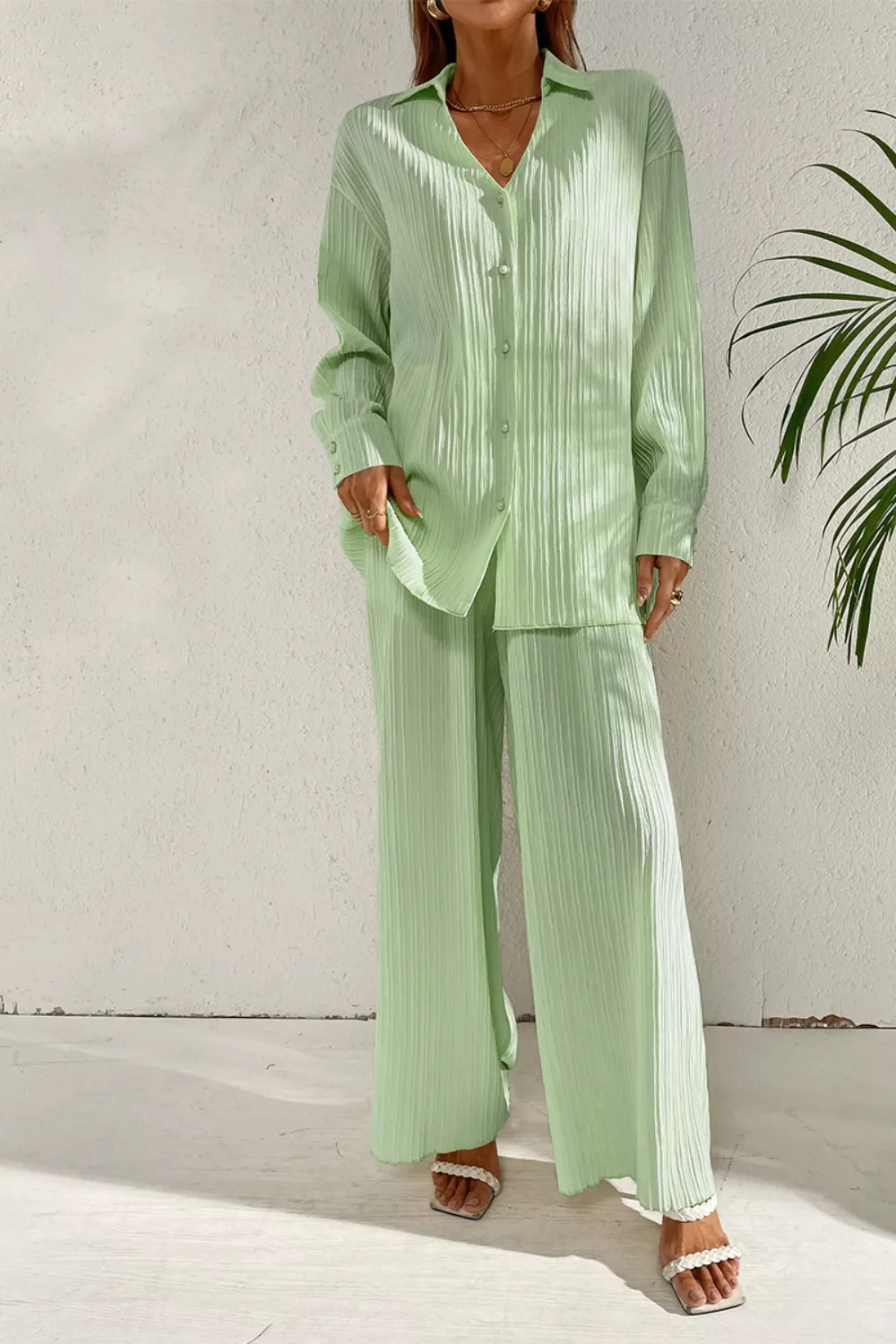 Long Sleeve Shirt & Wide Leg Pants Set - Image 9