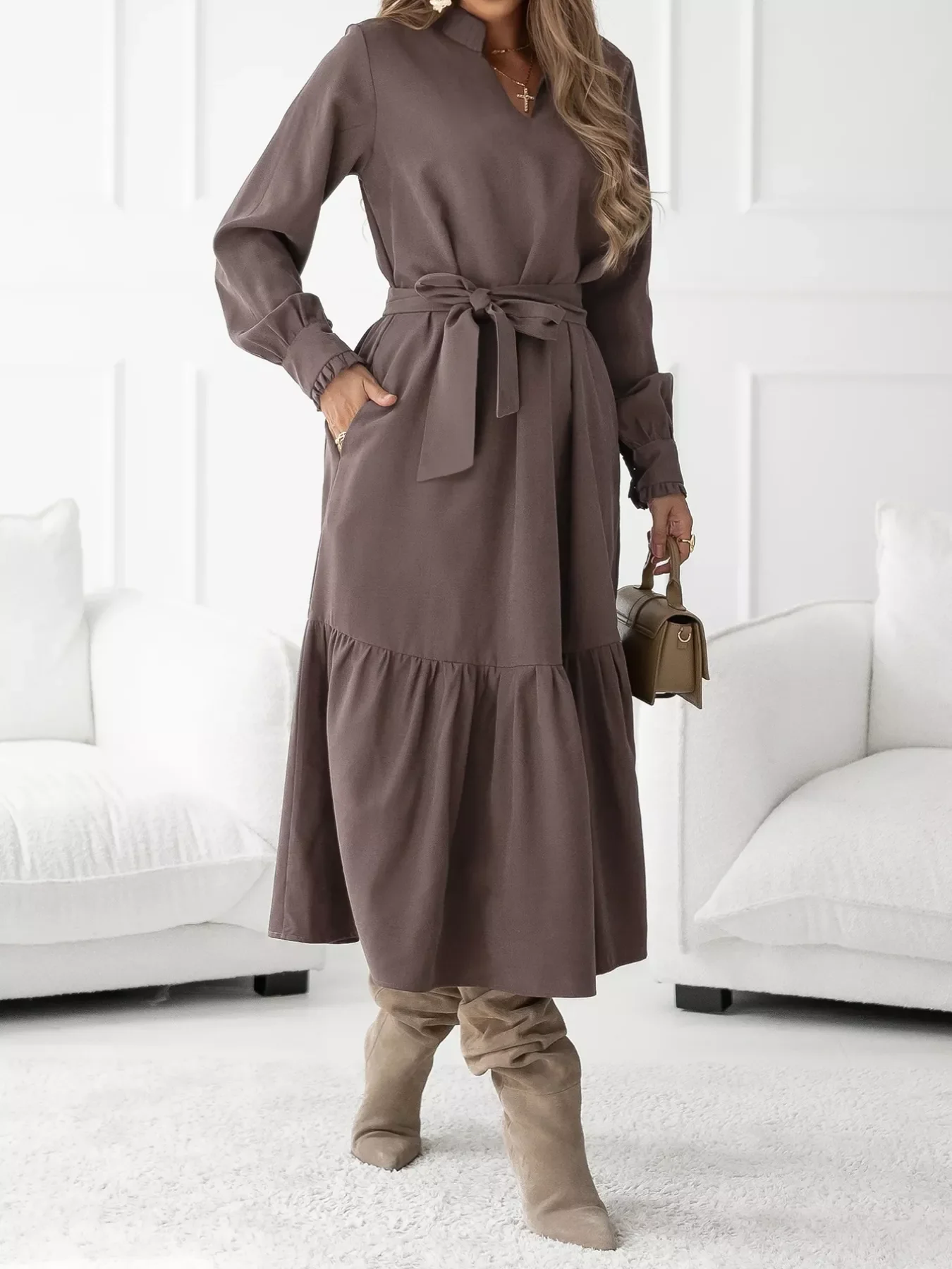 Long Sleeve Tie Waist Ruffle Hem Midi Dress - Image 2