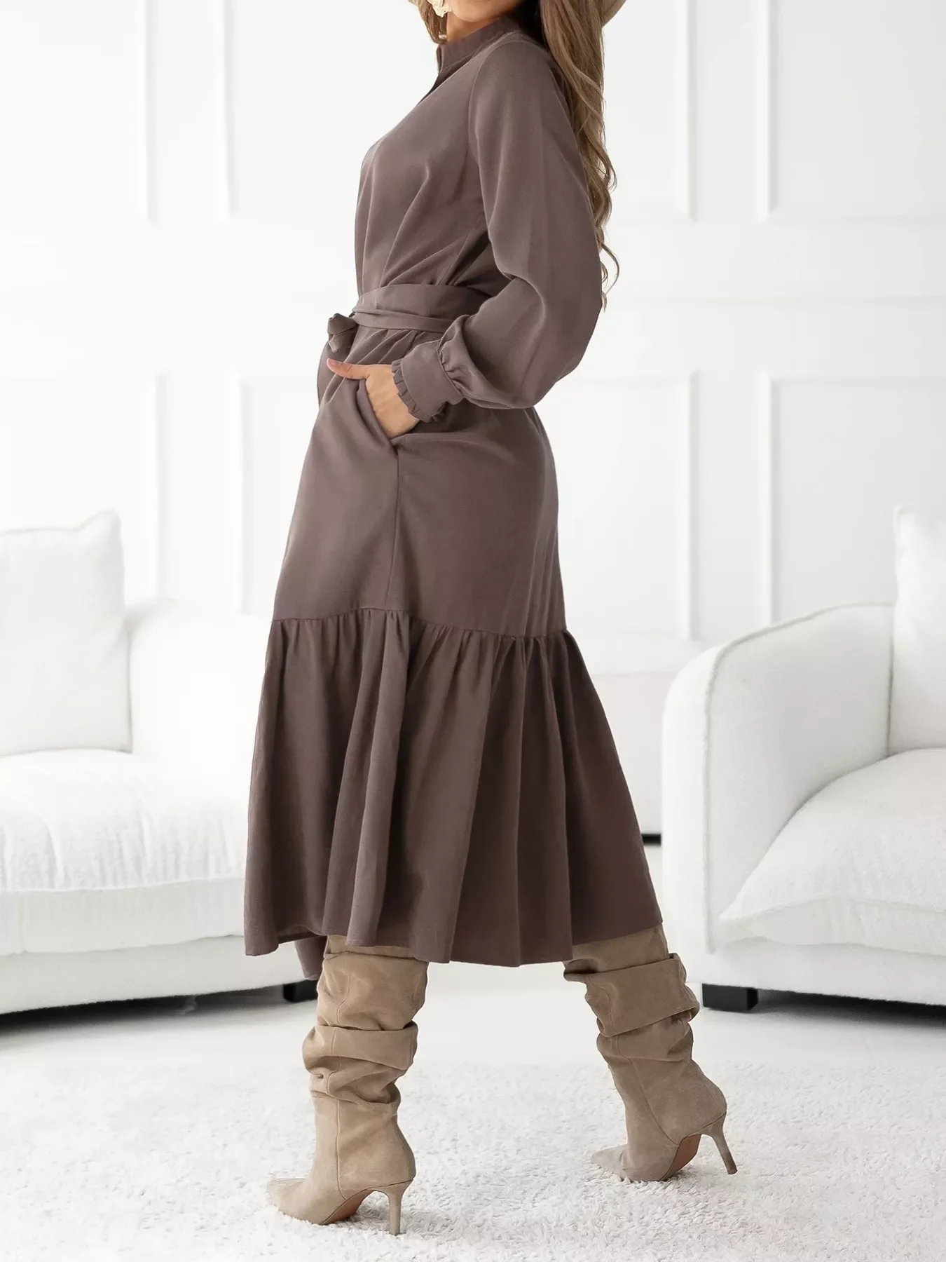 Long Sleeve Tie Waist Ruffle Hem Midi Dress - Image 3