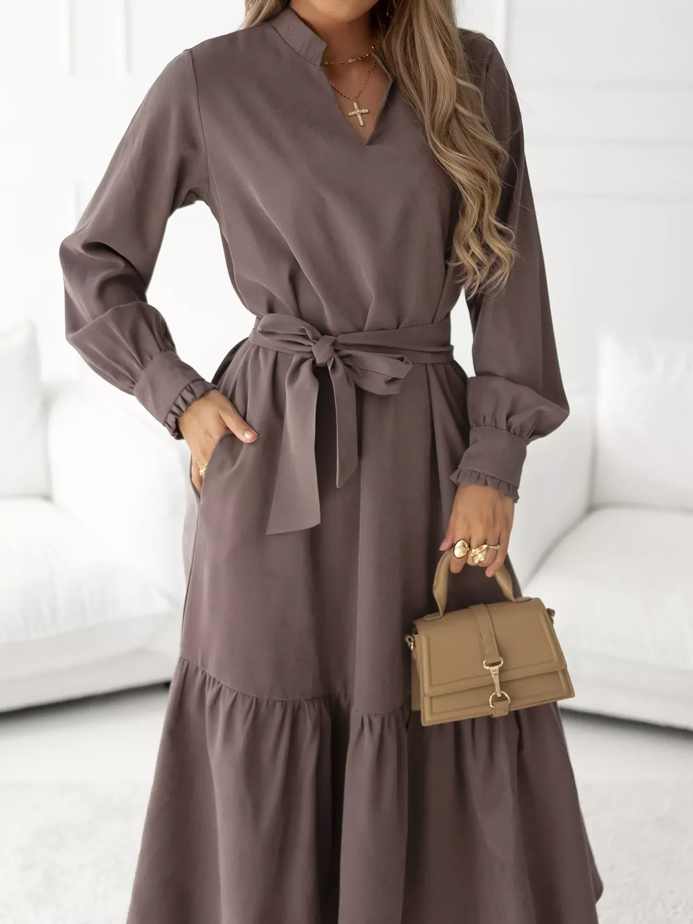 Long Sleeve Tie Waist Ruffle Hem Midi Dress - Image 4