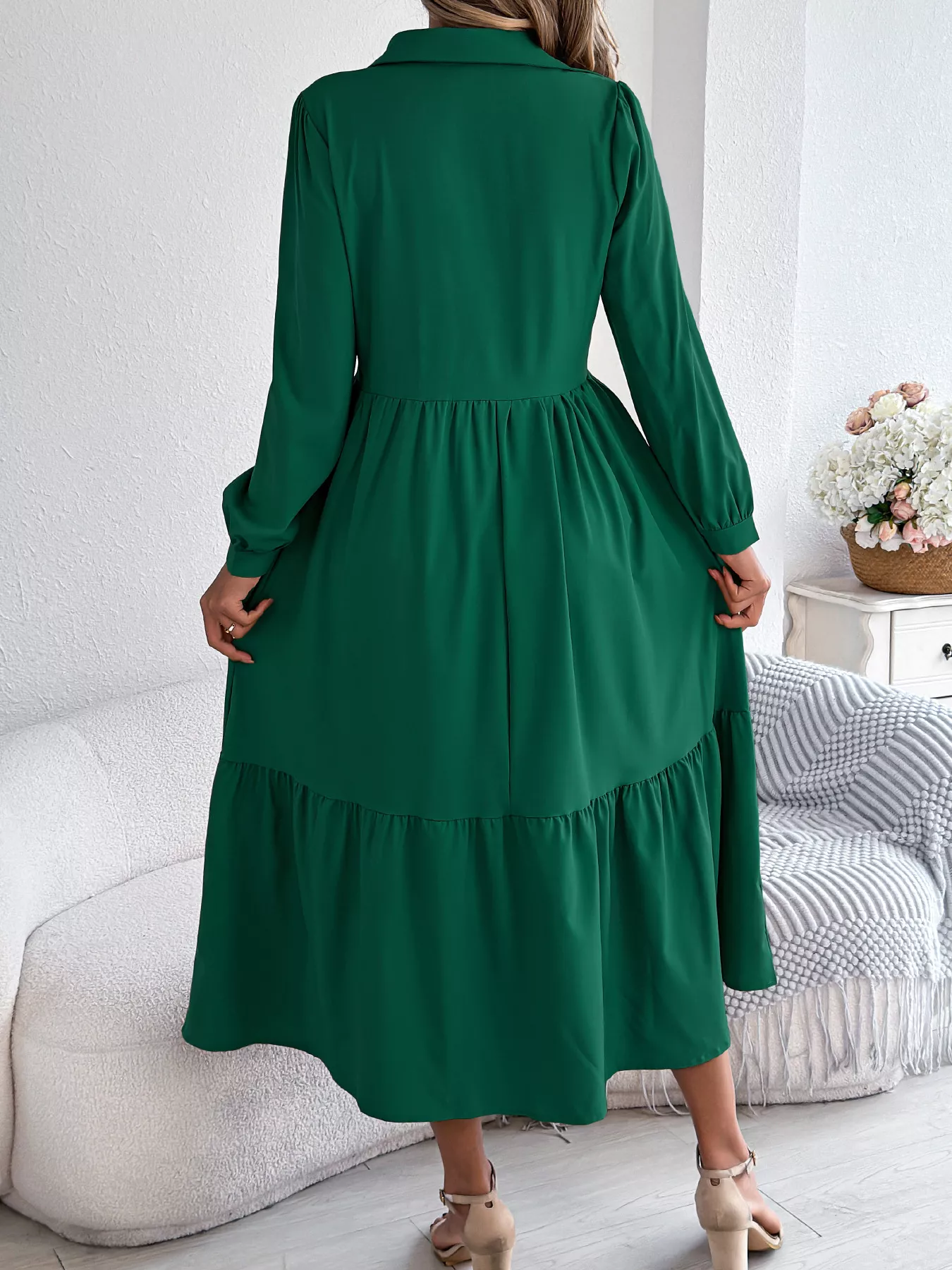 Long Sleeve Tiered Button Front Midi Dress - Image 19