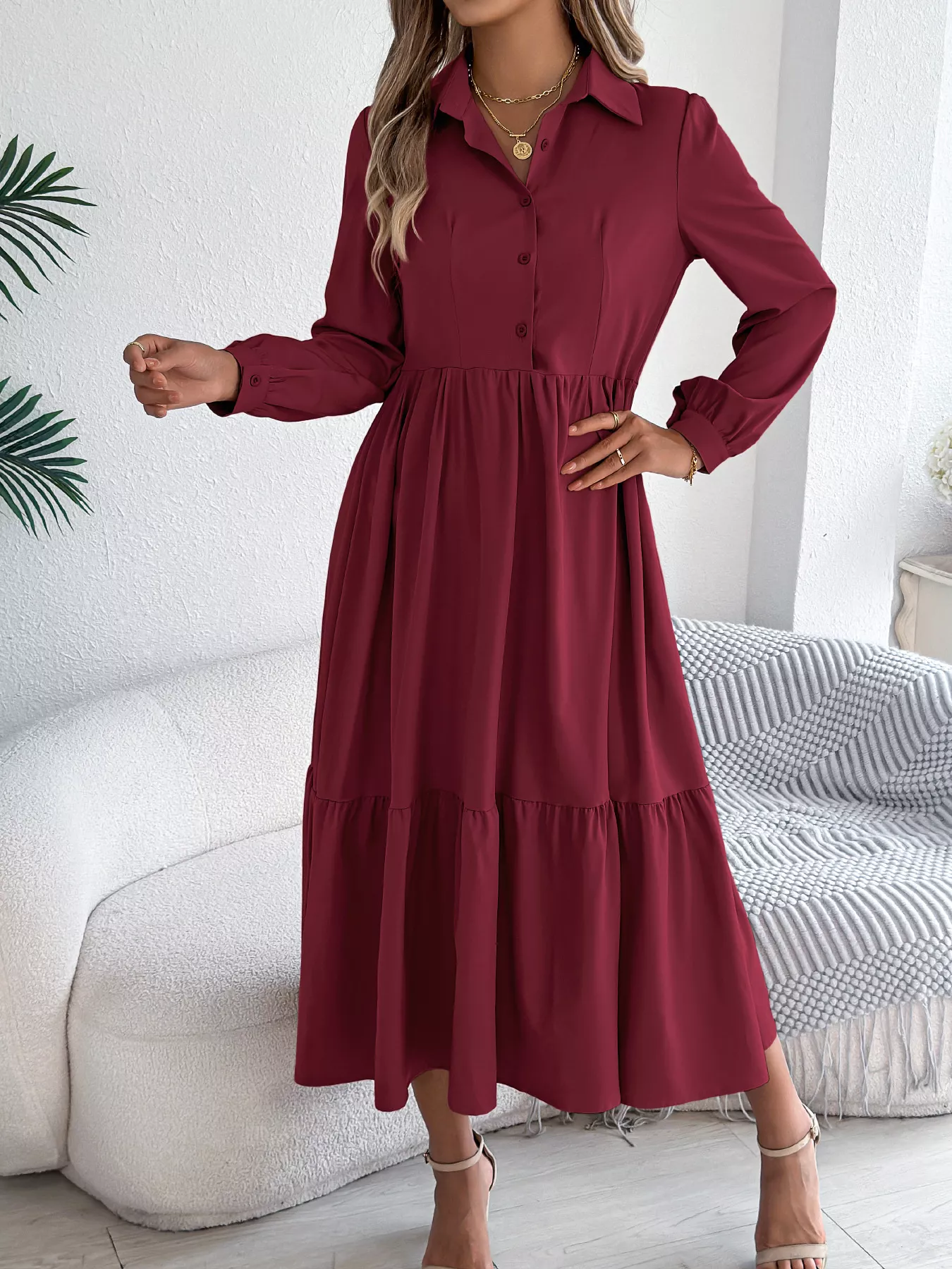 Long Sleeve Tiered Button Front Midi Dress - Image 32