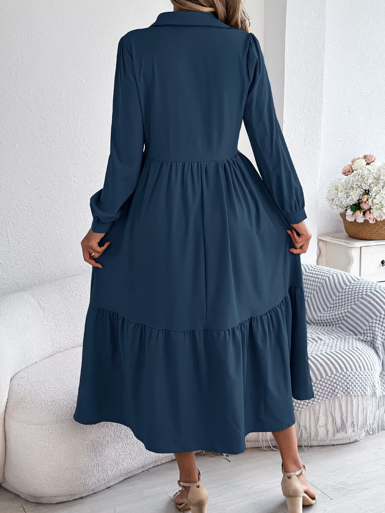 Long Sleeve Tiered Button Front Midi Dress - Image 6
