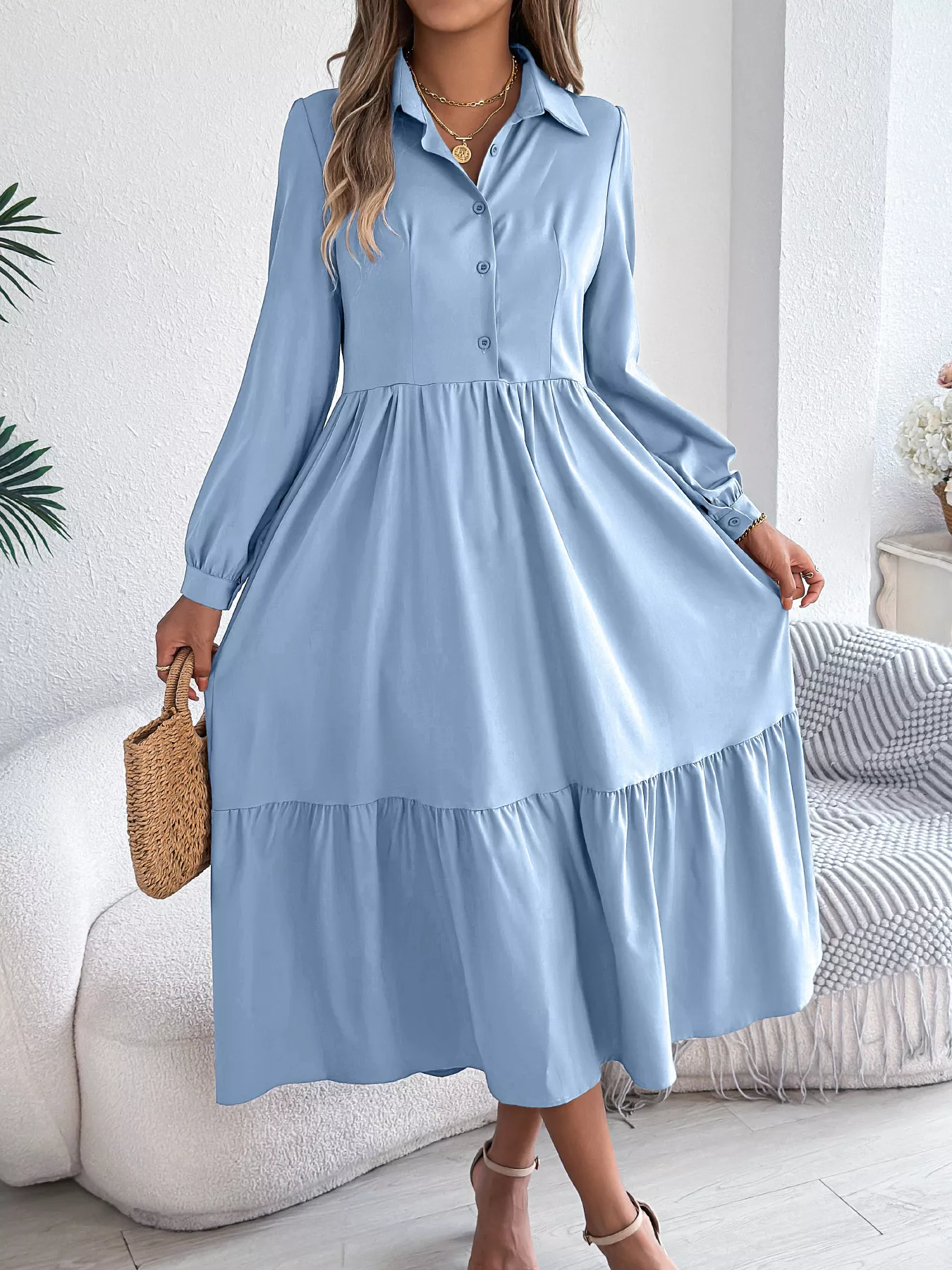 Long Sleeve Tiered Button Front Midi Dress - Image 8