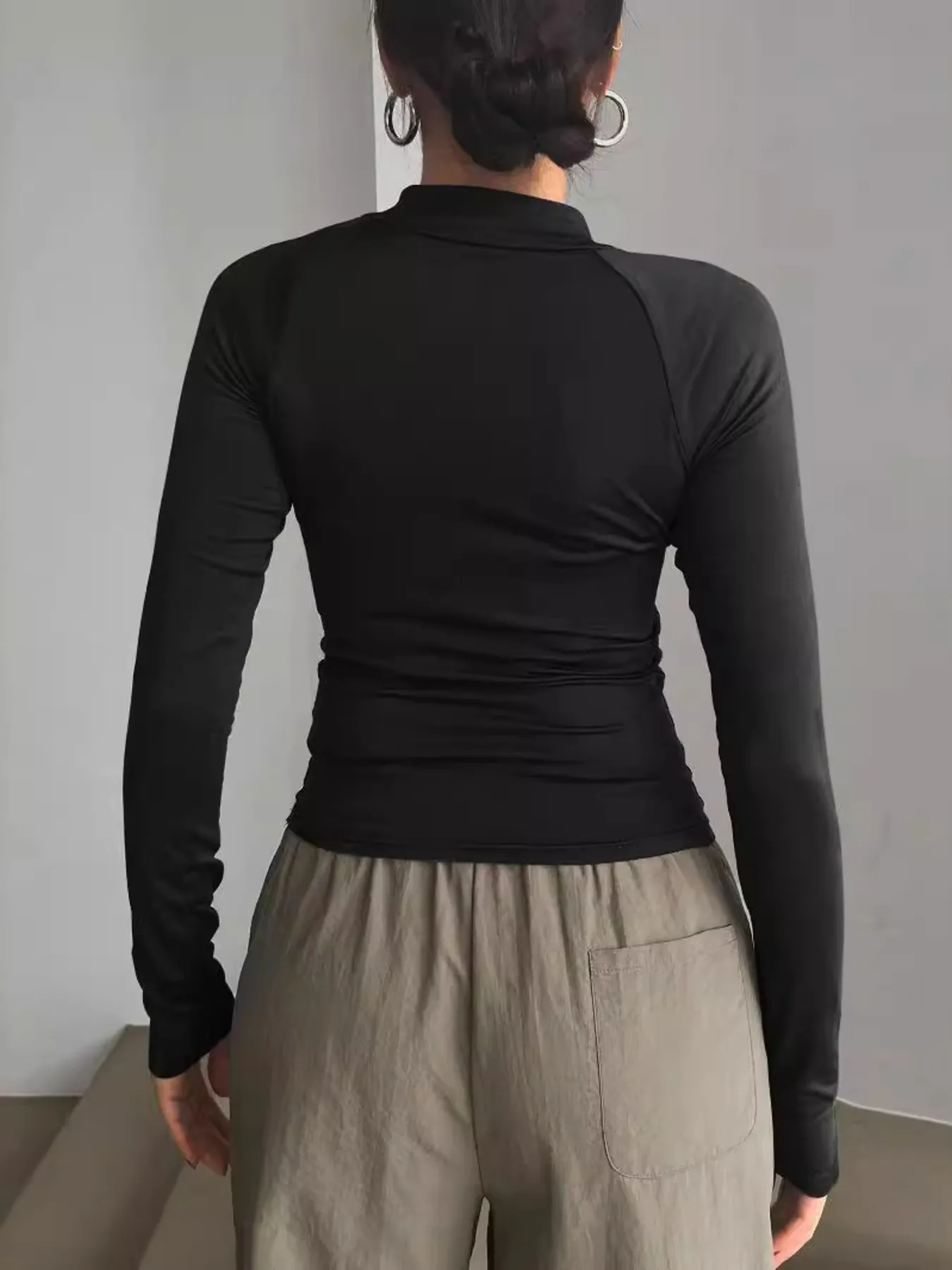 Long Sleeve Zip Front Fitted T-Shirt - Image 2