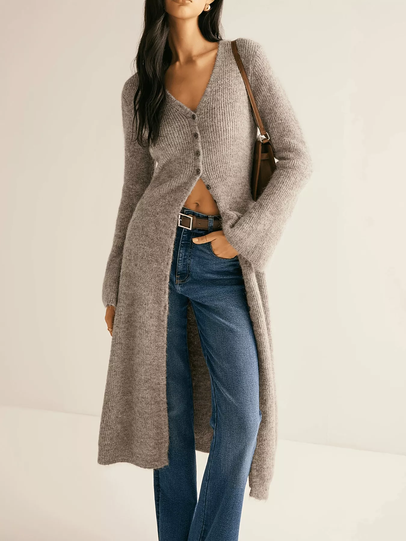 Longline Button-Down Bell Sleeve Cardigan - Image 3
