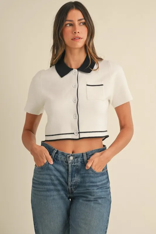 MABLE Button Down Contrast Collared Knit Cardigan - Image 2