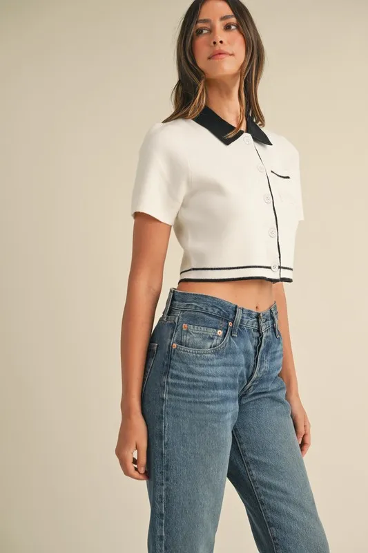 MABLE Button Down Contrast Collared Knit Cardigan - Image 3