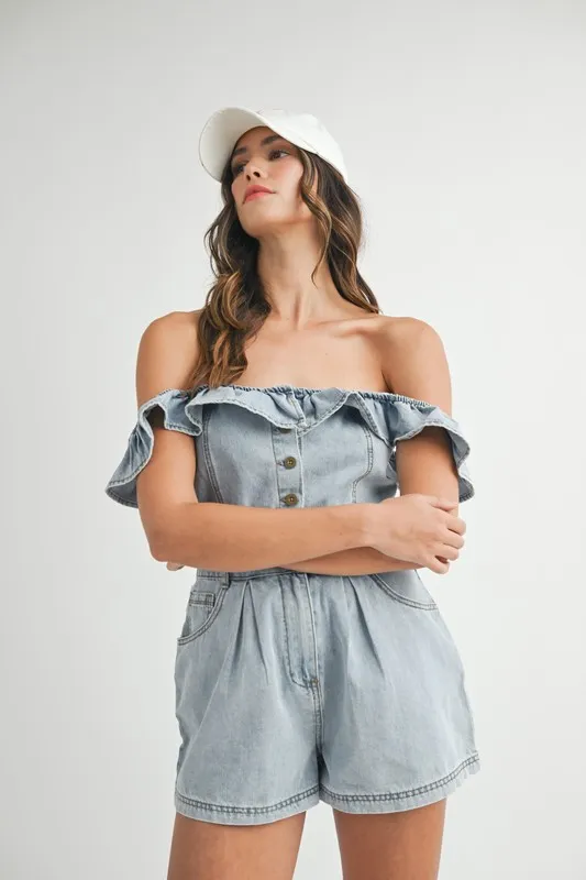 MABLE Off Shoulder Ruffle Detail Denim Romper - Image 2