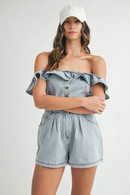 MABLE Off Shoulder Ruffle Detail Denim Romper - Image 3