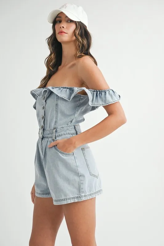 MABLE Off Shoulder Ruffle Detail Denim Romper - Image 5