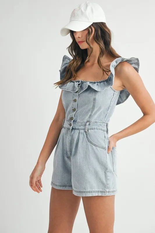 MABLE Off Shoulder Ruffle Detail Denim Romper - Image 6