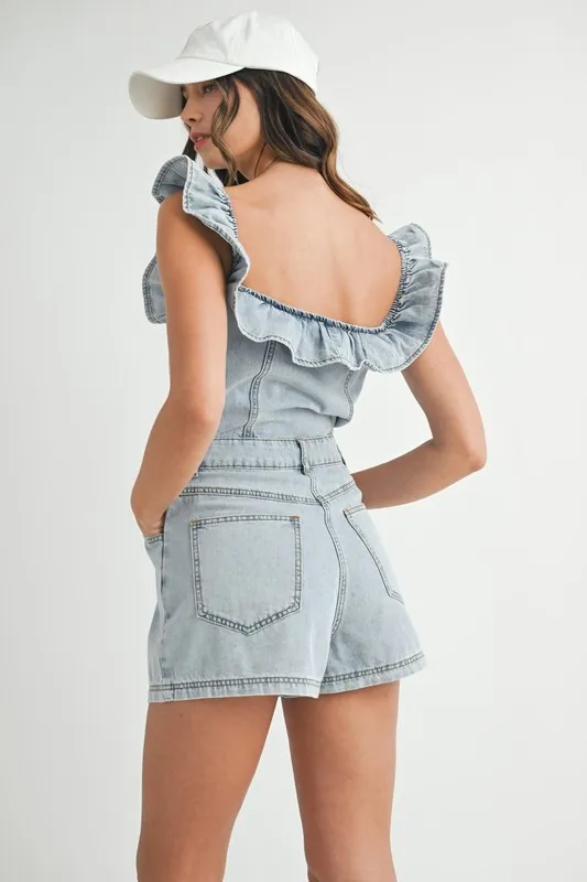 MABLE Off Shoulder Ruffle Detail Denim Romper - Image 8