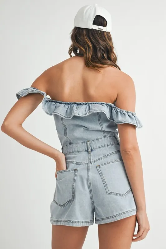 MABLE Off Shoulder Ruffle Detail Denim Romper - Image 9