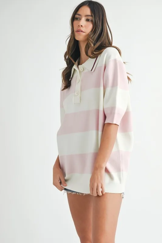 MABLE Oversized Stripe Polo Collar Sweater - Image 7
