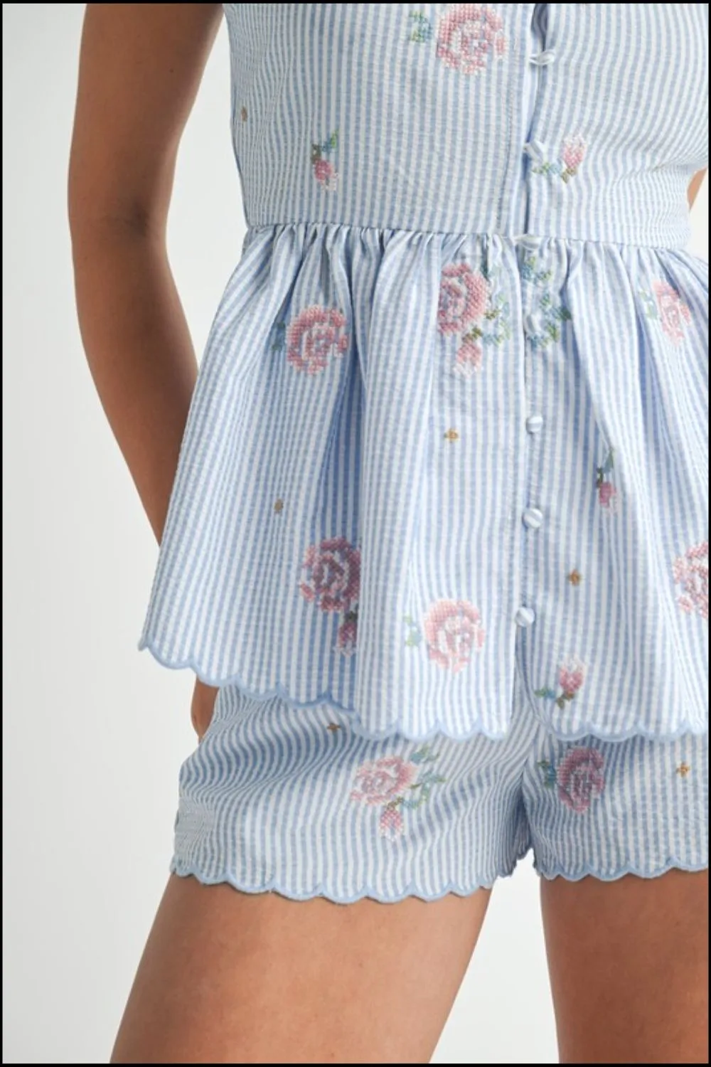 MABLE Stripe Embroidered Peplum Cami and Shorts Set - Image 11