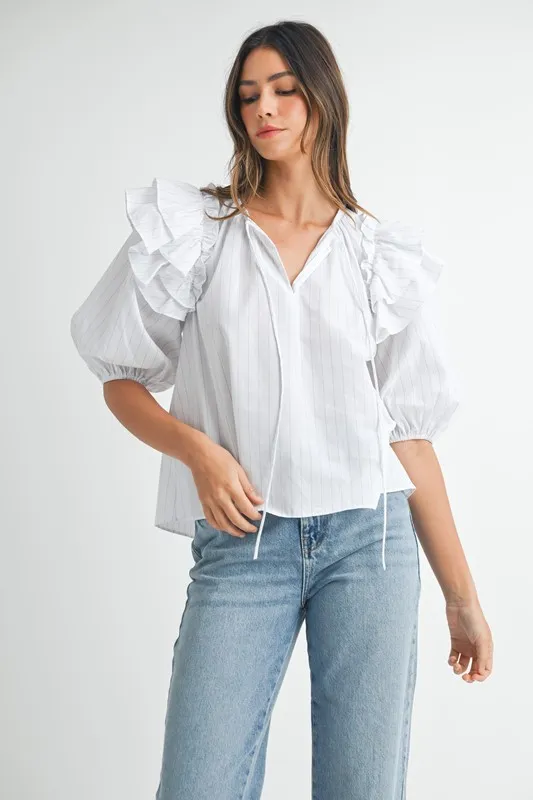 MABLE Stripe Ruffle Shoulder Puff Sleeve Blouse - Image 2
