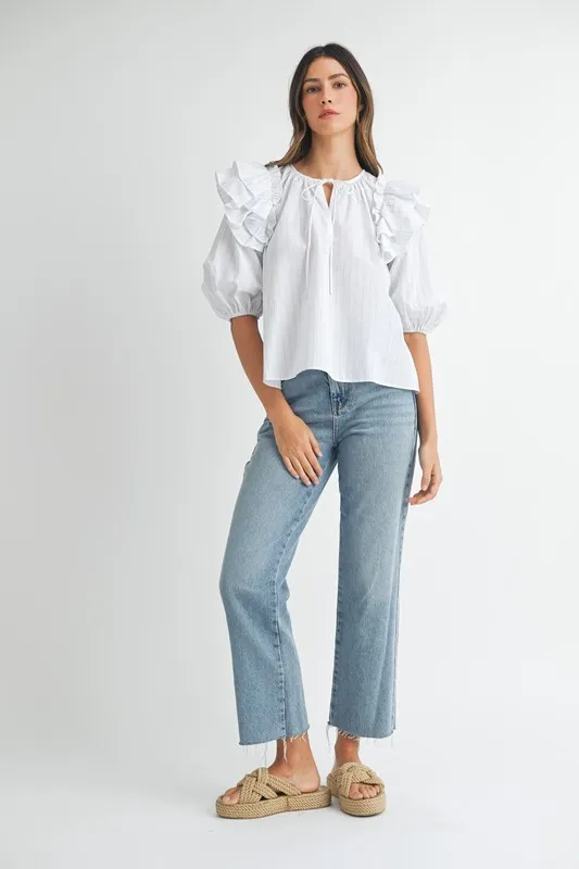 MABLE Stripe Ruffle Shoulder Puff Sleeve Blouse - Image 8