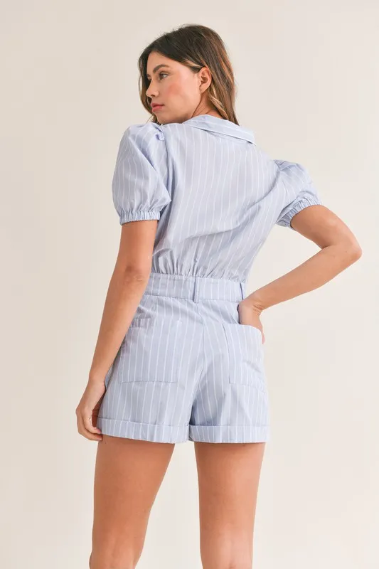 MABLE Striped Puff Sleeve Collared Neck Romper - Image 3