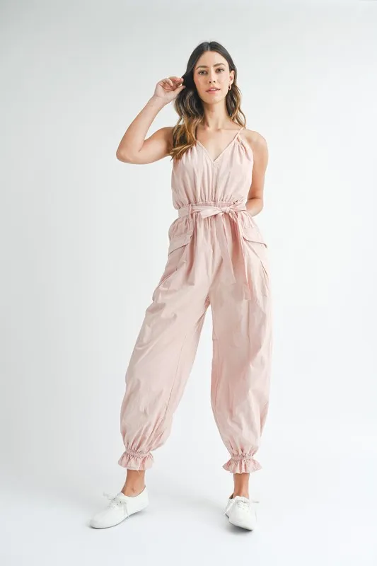MABLE Washed Fabric Spaghetti Strap Waist Belted Jumpsuit - Image 3