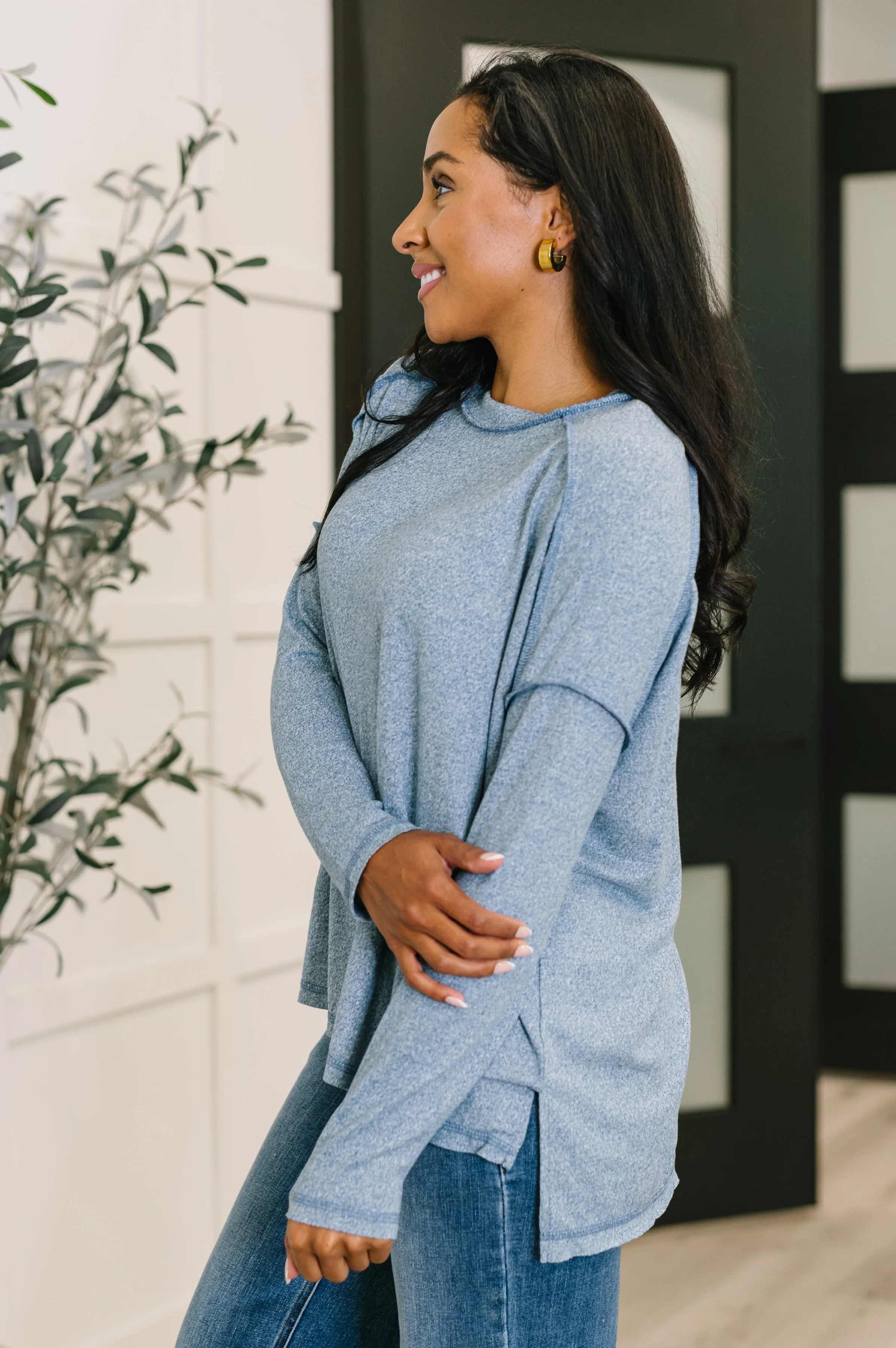 Mellow Mood Heathered Pullover in Dusty Blue - Image 3