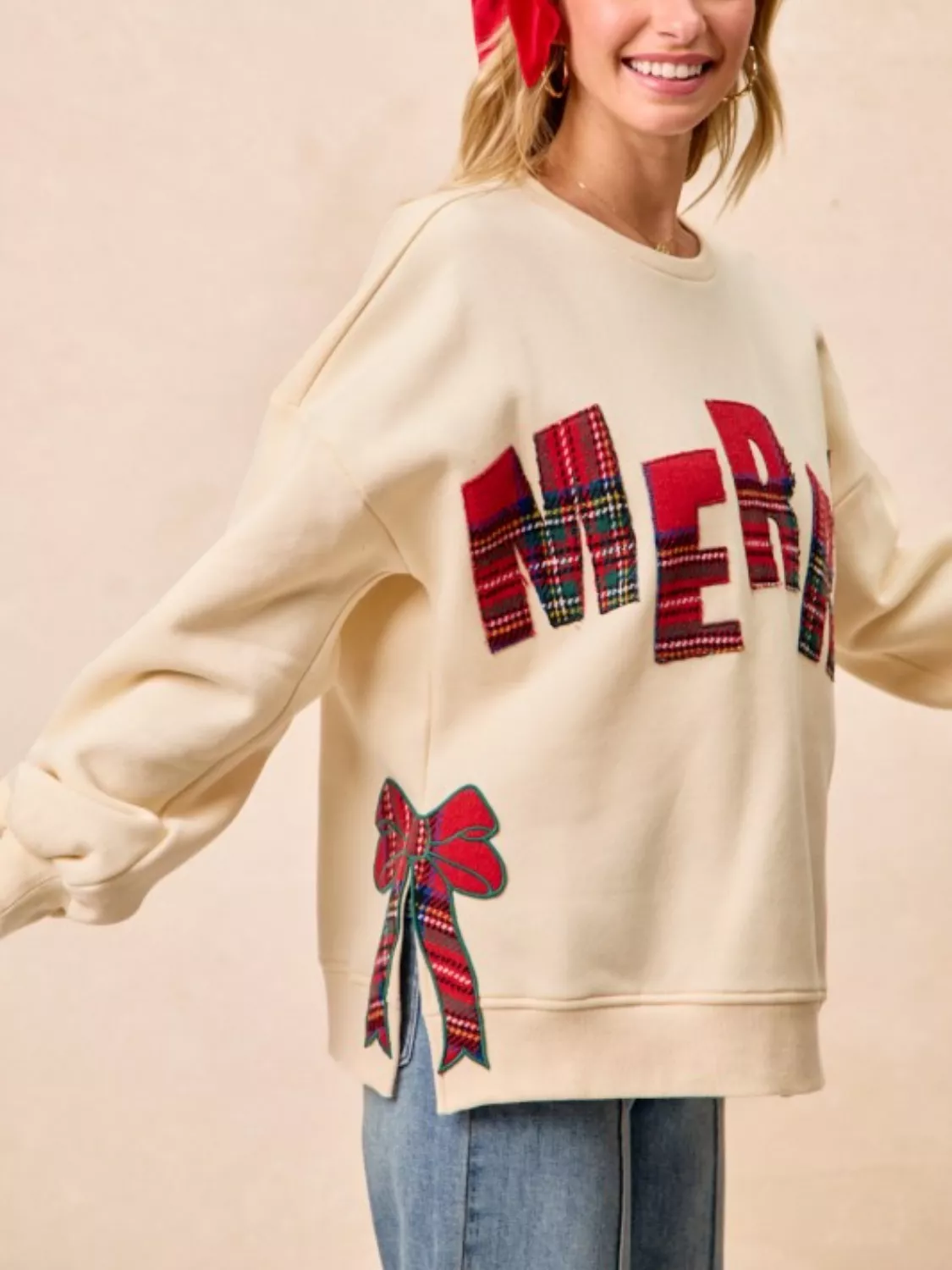 MERRY Bow Slit Crew Neck Christmas Sweatshirt - Image 2