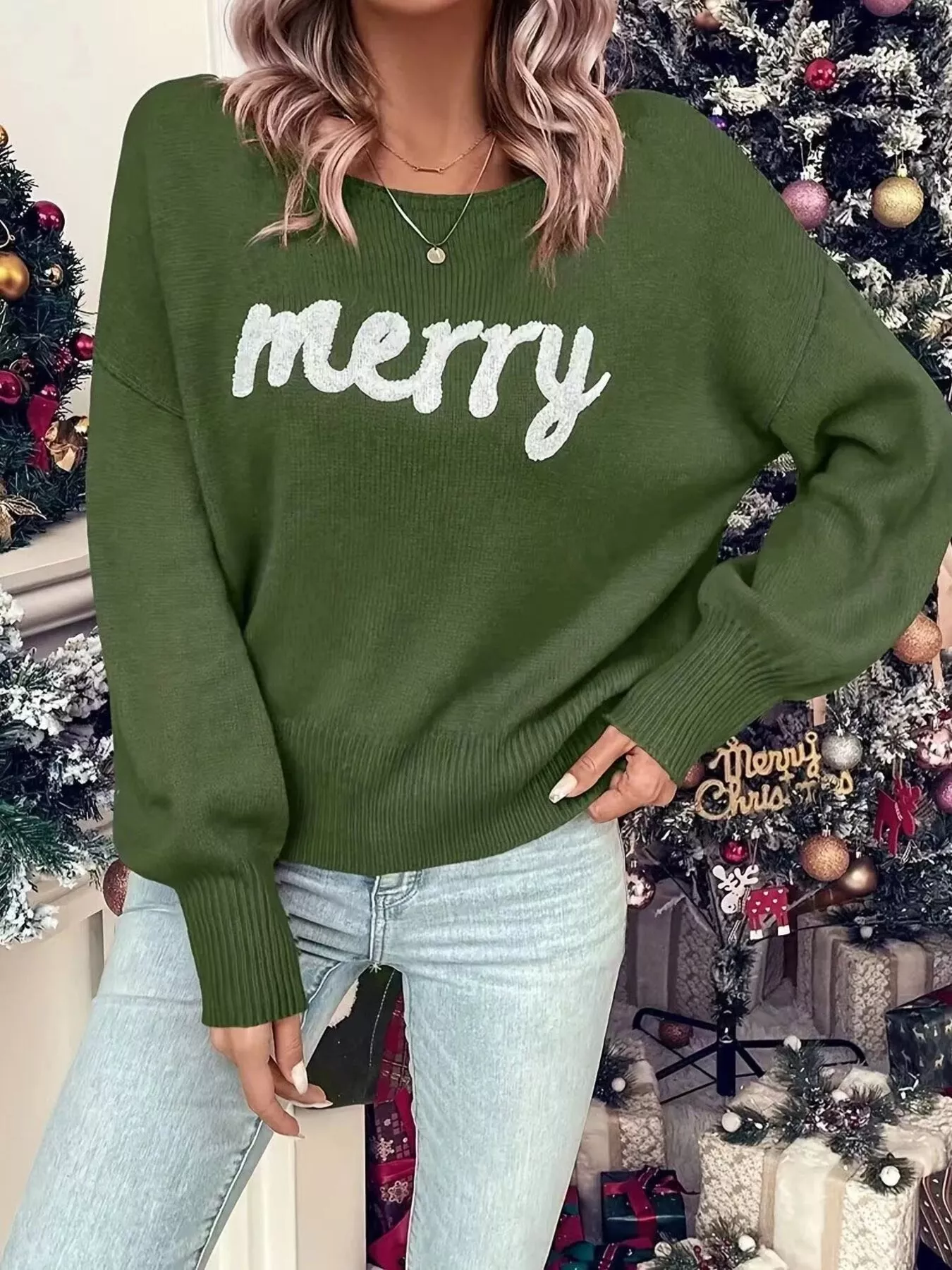 Merry Round Neck Dropped Shoulder Christmas Sweater - Image 5