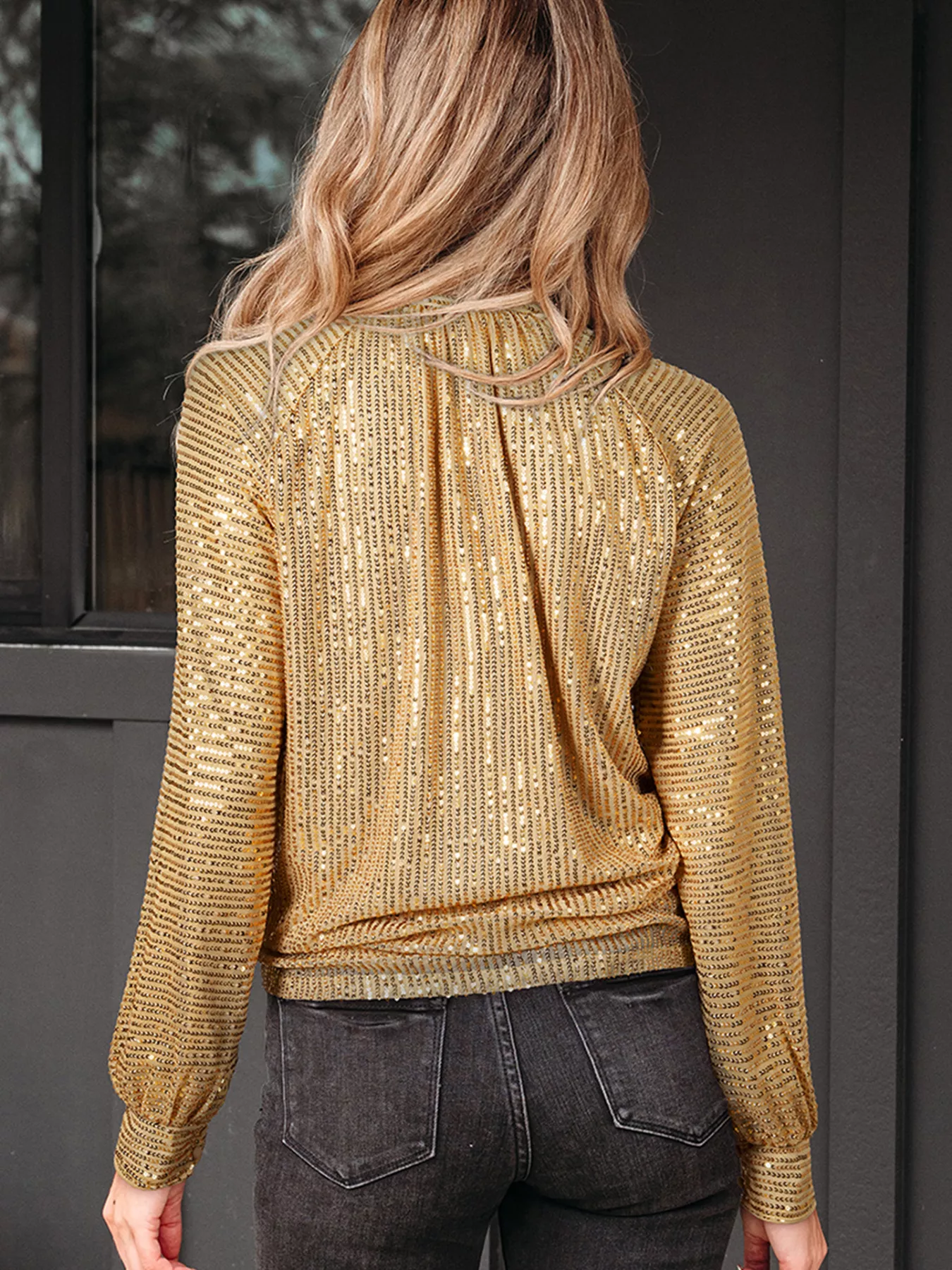 Metallic Balloon Sleeve Buttoned High Neck Loose Blouse - Image 2