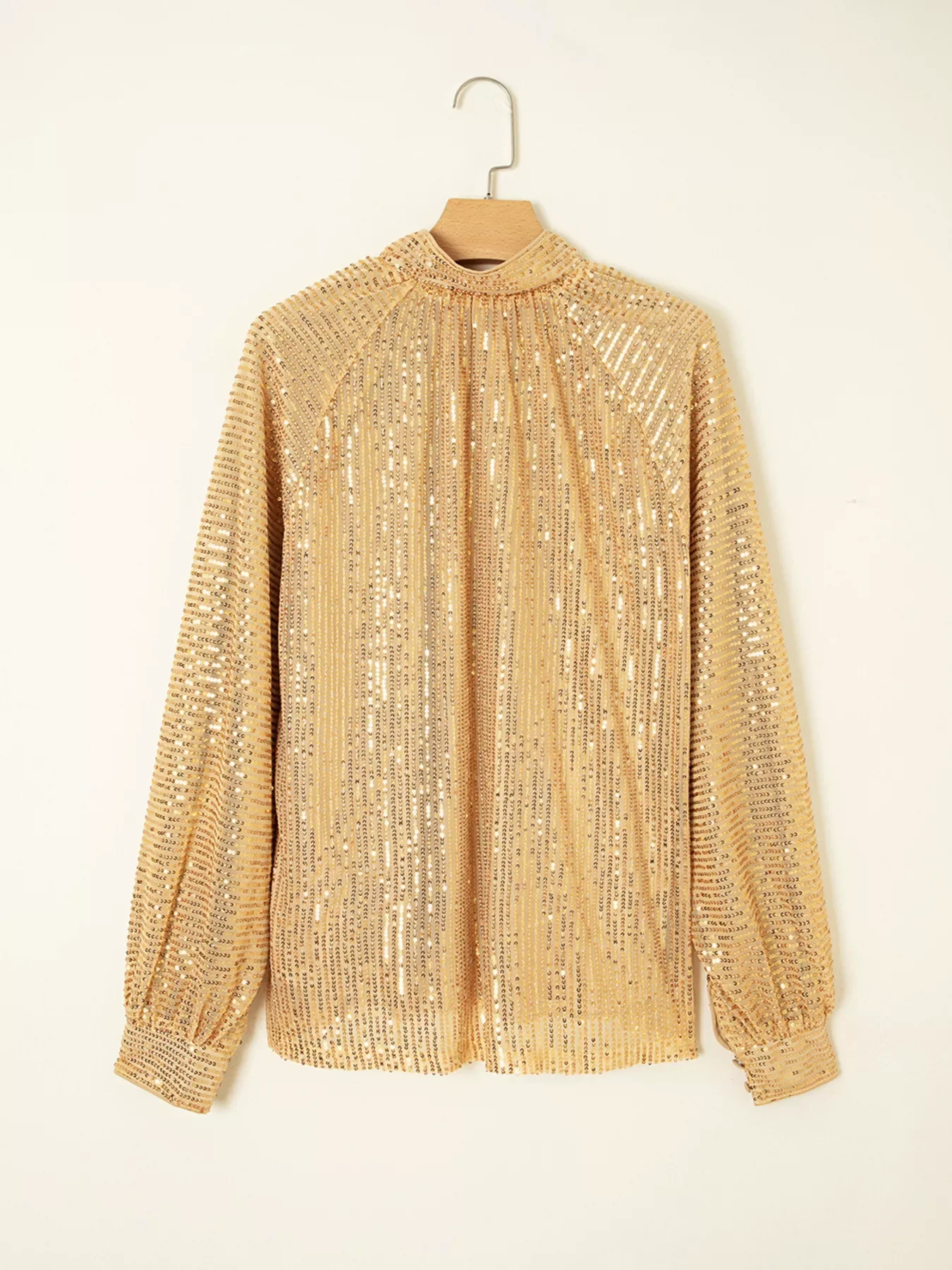 Metallic Balloon Sleeve Buttoned High Neck Loose Blouse - Image 4