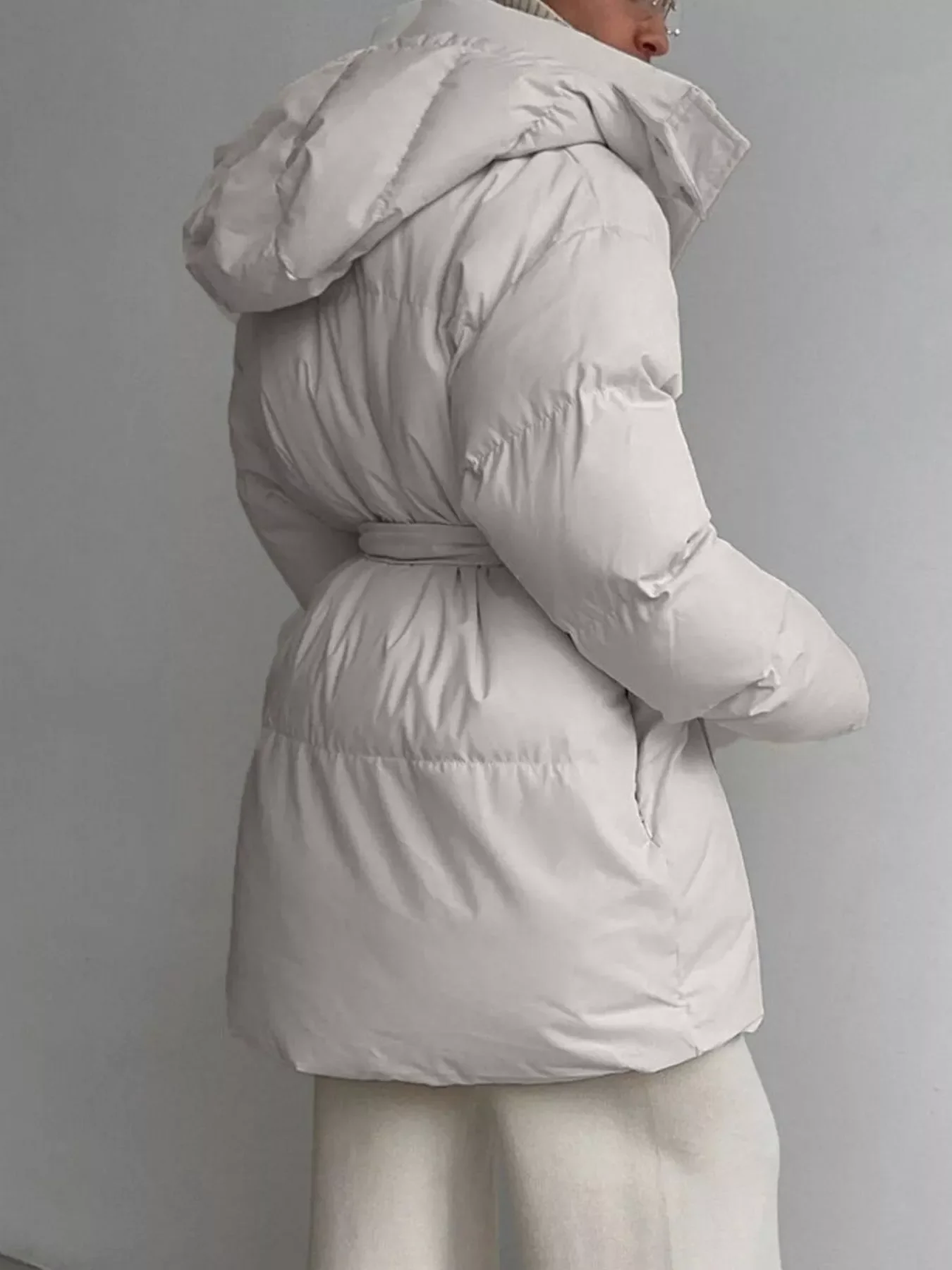 Mid-Length Thickened Hooded Winter Coat with Belted - Image 12