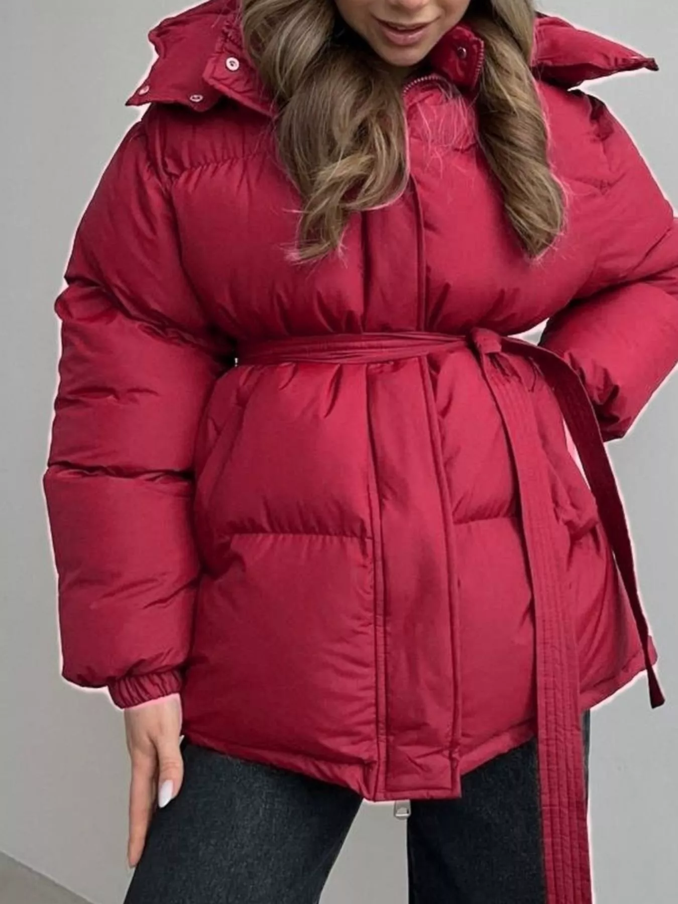 Mid-Length Thickened Hooded Winter Coat with Belted - Image 13