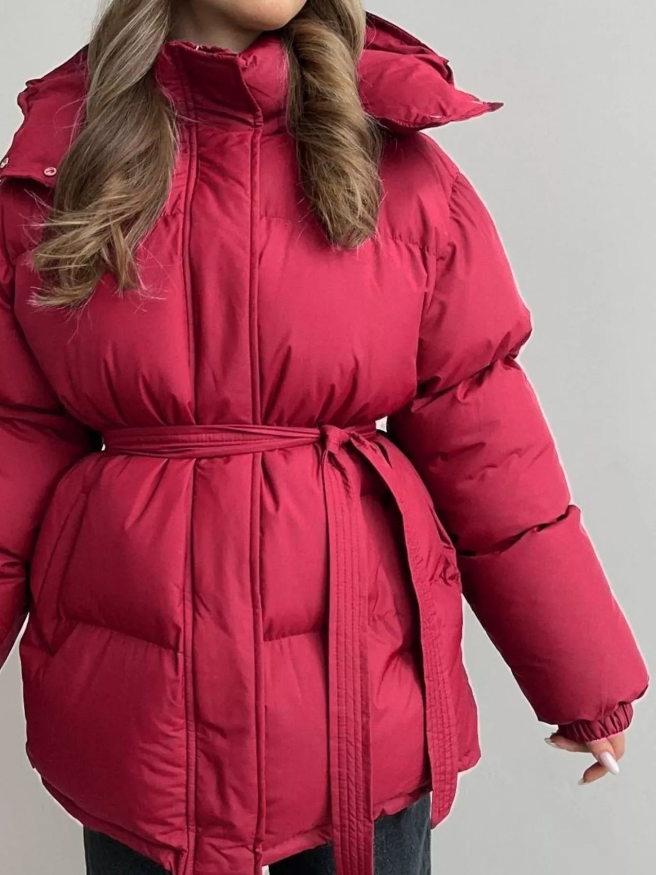 Mid-Length Thickened Hooded Winter Coat with Belted - Image 14