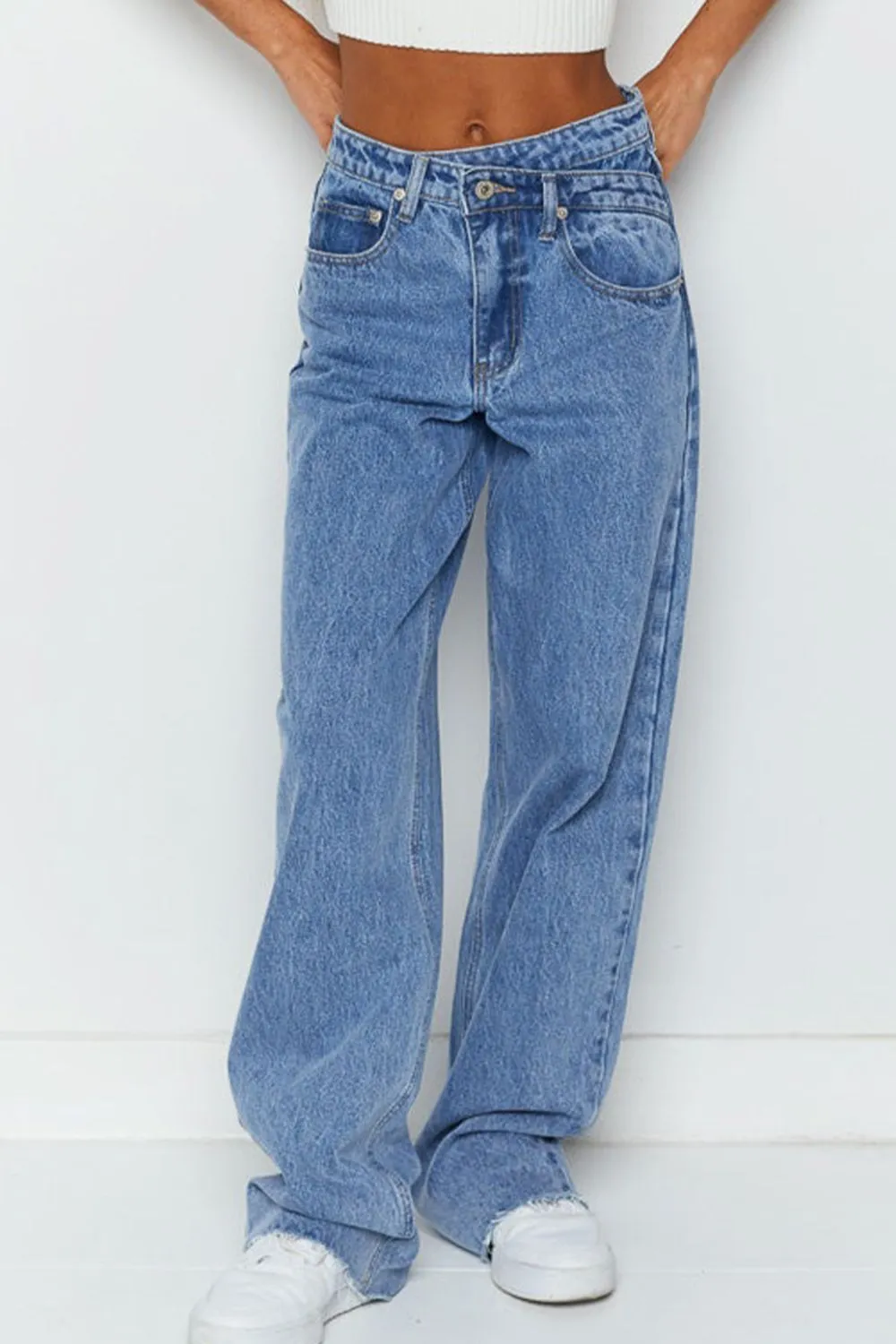 Mid Rise Asymmetrical Waist Wide Leg Jeans - Image 2