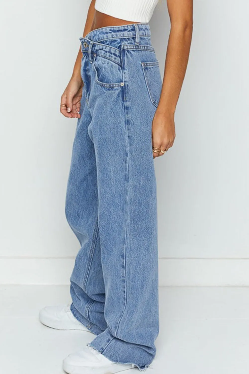 Mid Rise Asymmetrical Waist Wide Leg Jeans - Image 3