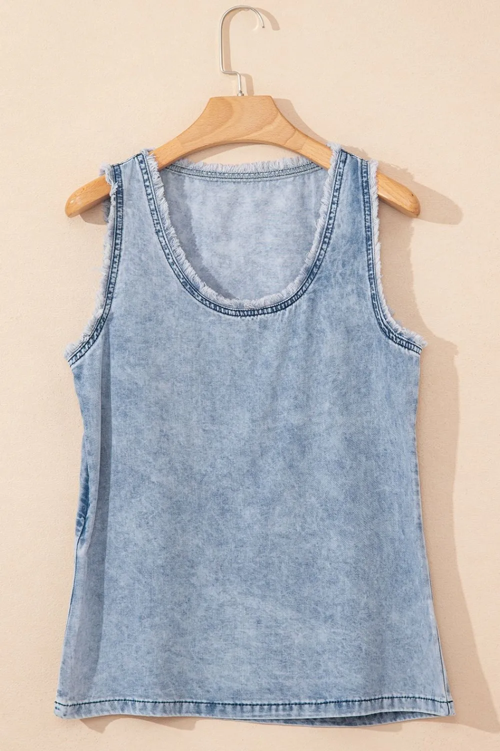 Mineral Wash Denim Frayed U Neck Sleeveless Top - Image 5